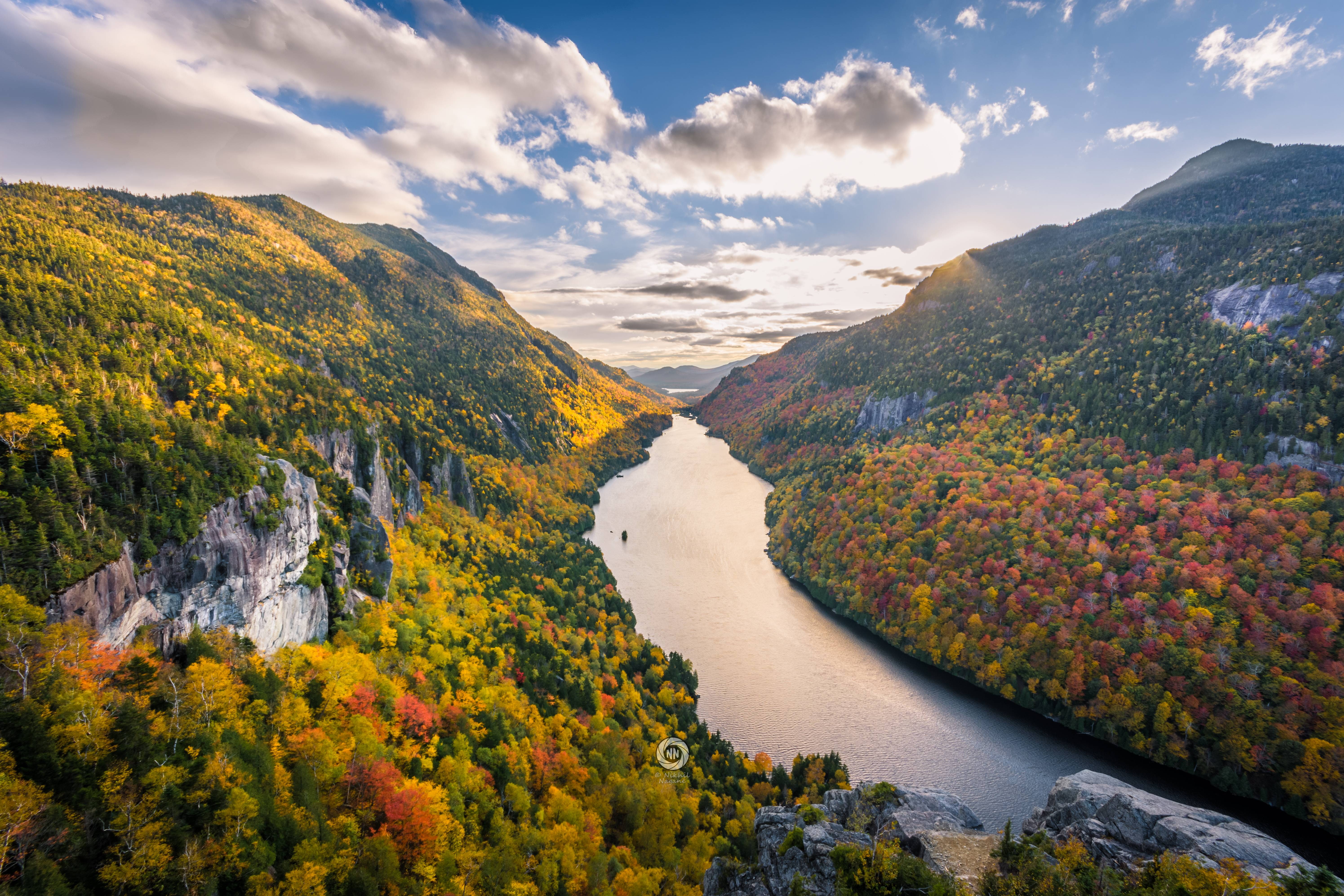 New York state, mountains, 5K, fall, river, Adirondack Mountains, clouds, trees, HD Wallpaper