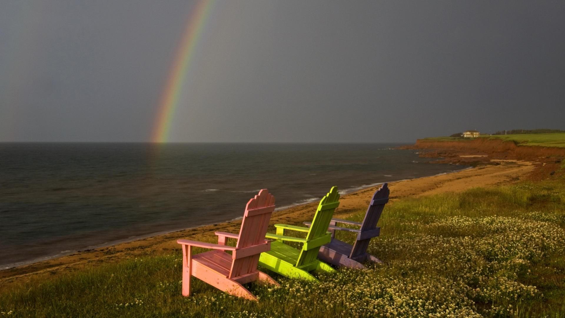 adirondack, purple, rainbow, chairs, pink, come, nature, three, photography, artistic, beauty, green, 1080P, 3d and abstract, see, HD Wallpaper