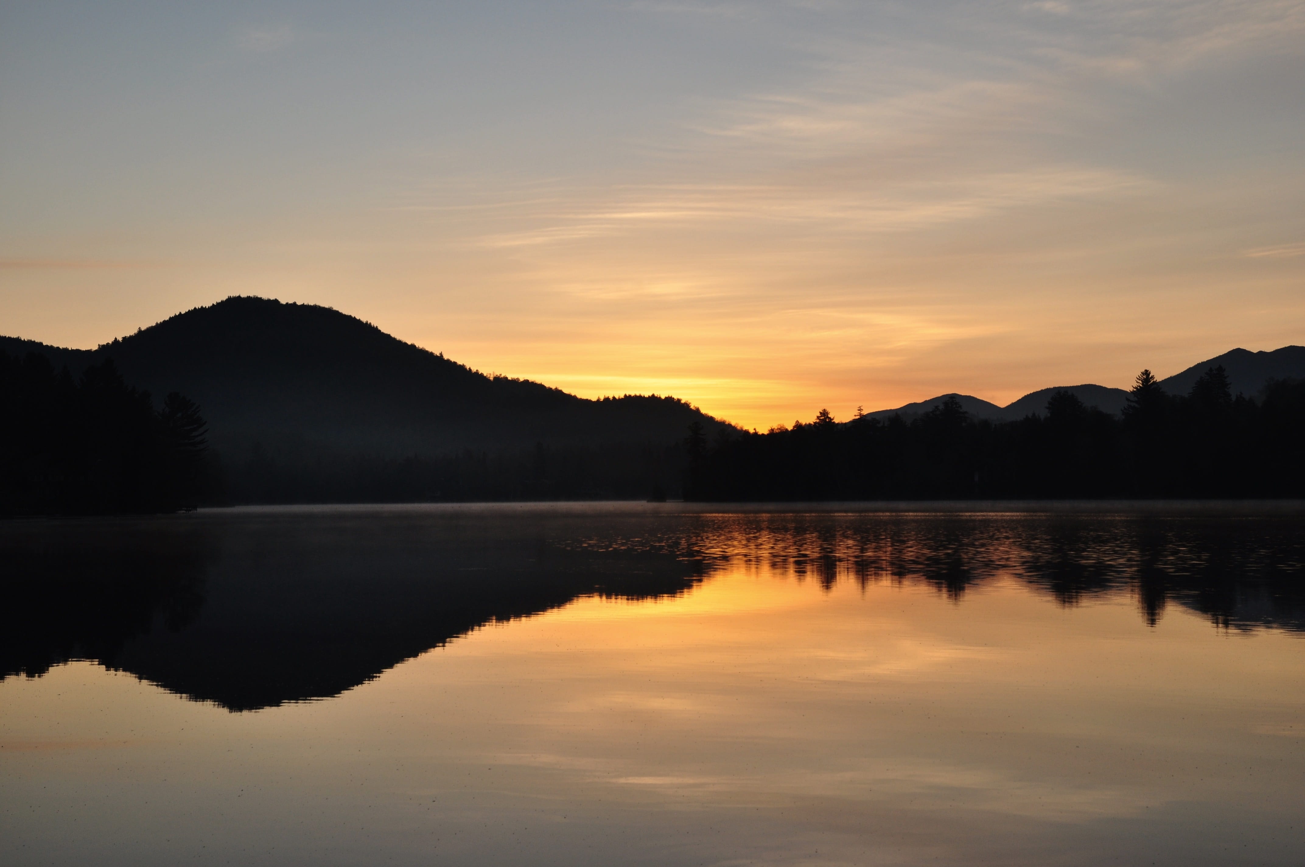 non-urban scene, reflection, mirror lake, waterfront, 4K, scenics - nature, orange color, lake, sky, lake placid ny, tranquility, scenery, outdoors, water, HD Wallpaper