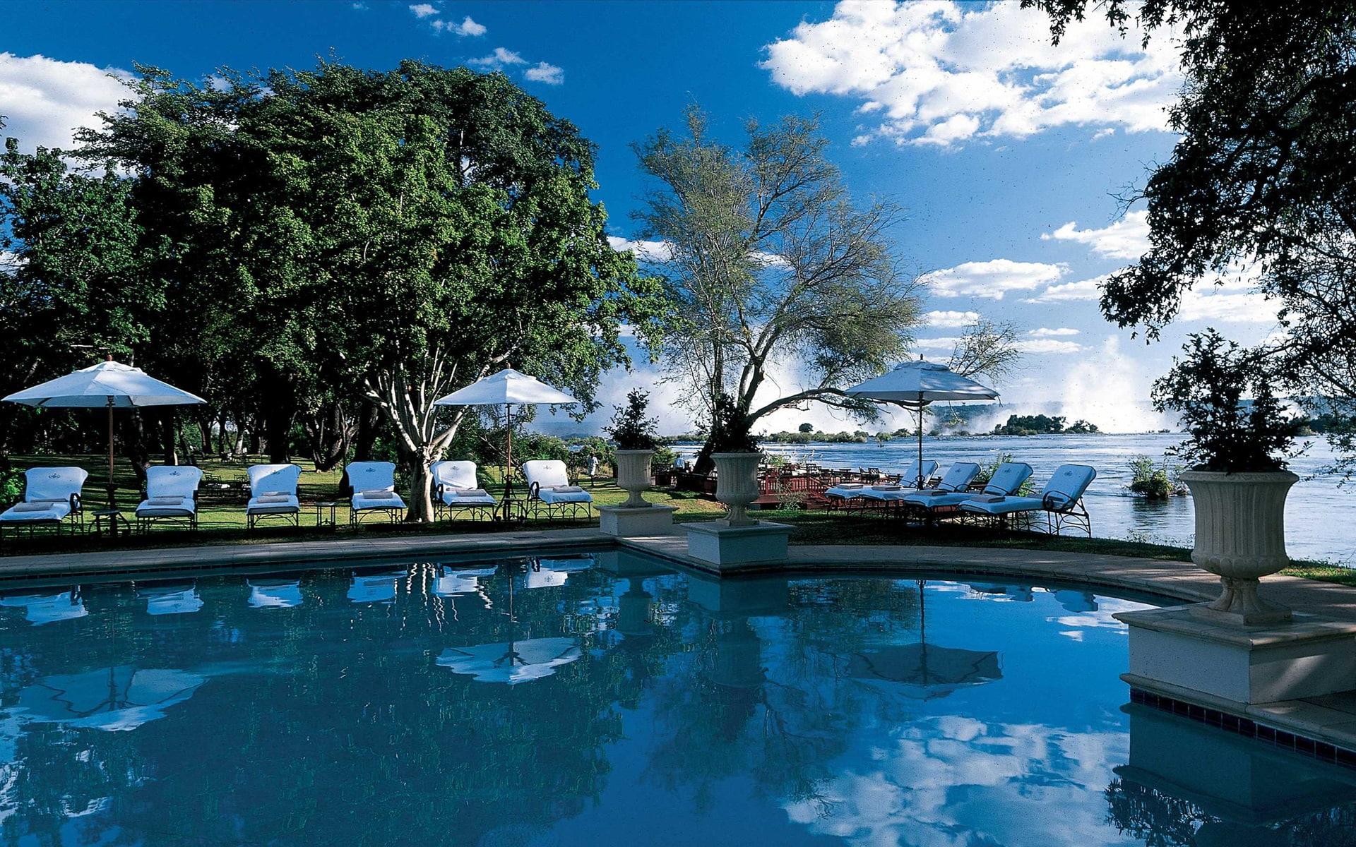 Lake, lounger, parasole, 1080P, white, Royal, Livingston, Pool, Hotel, HD Wallpaper