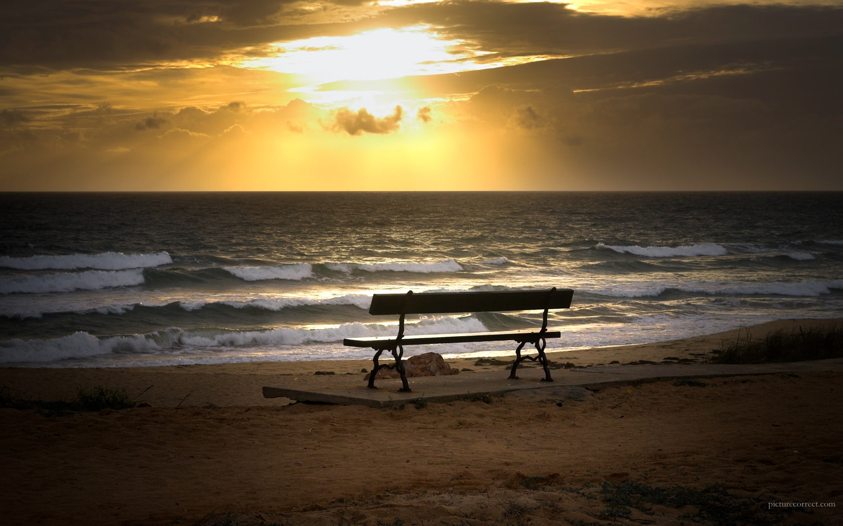 hd, lonely, photography, peacefull, sunset, black, nature, beach, 720P, abstract, loneliness, water, lounger, bench on the beach, bench, HD Wallpaper