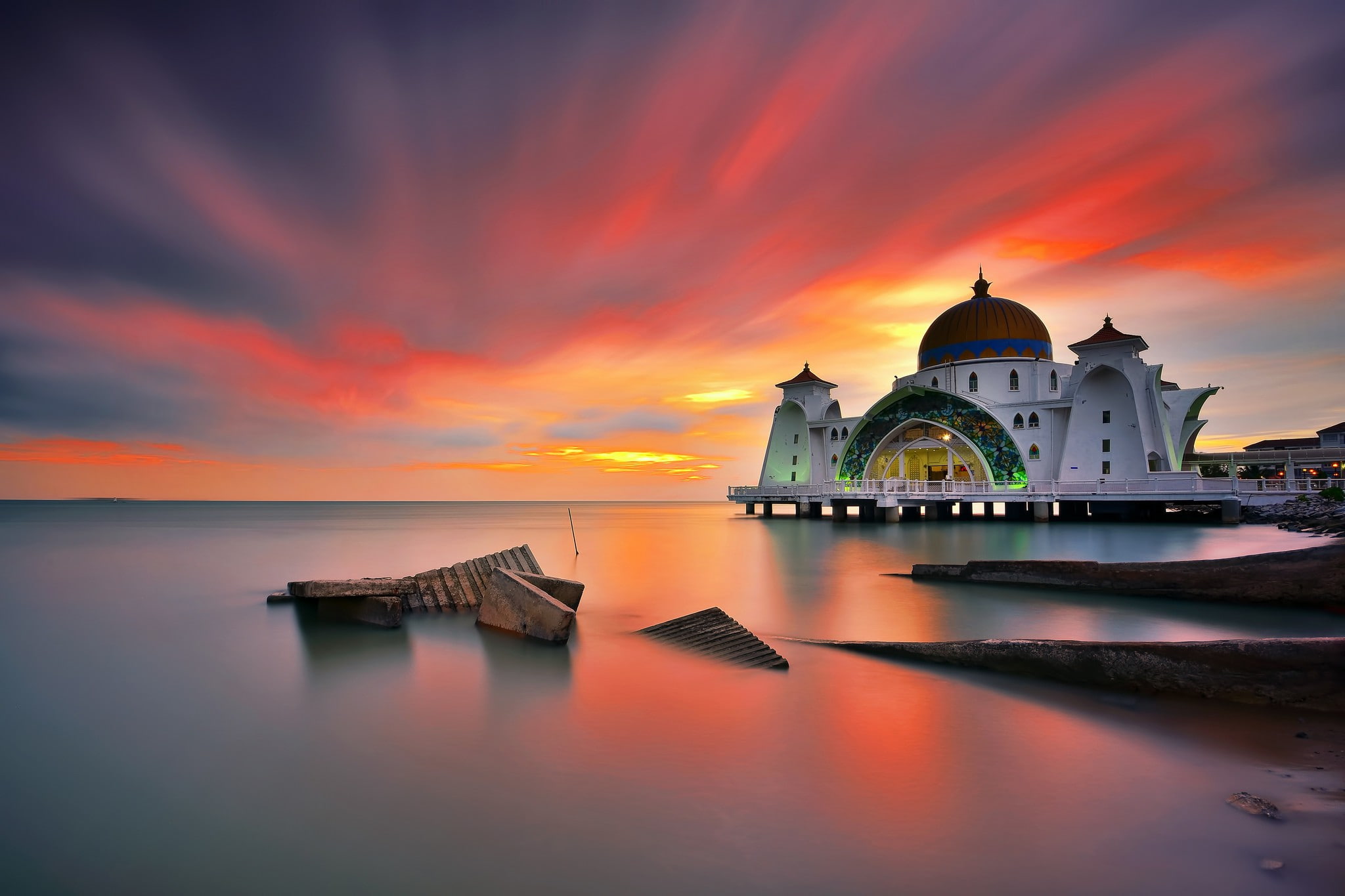 orange, 1080P, water, beside, malaysia, temple, white, mosque, straits, malacca, straits mosque, HD Wallpaper