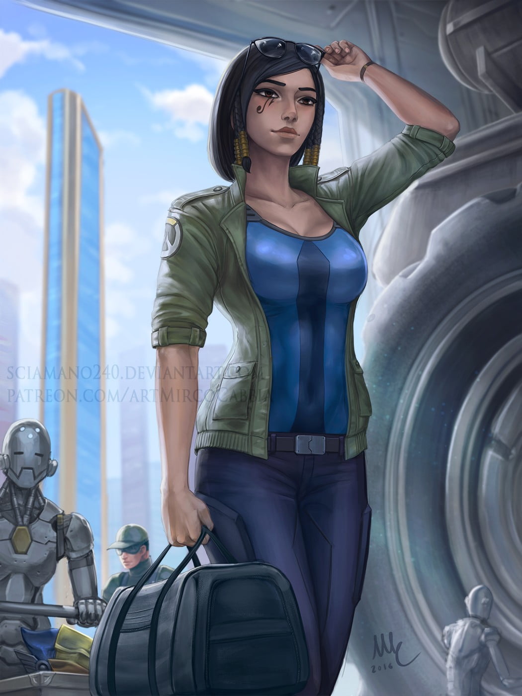 standing, lifestyles, bag, Pharah (Overwatch), one Person, glasses, sport, illustration, three quarter length, duffel, outdoors, motor vehicle, Overwatch, Phone HD Wallpaper