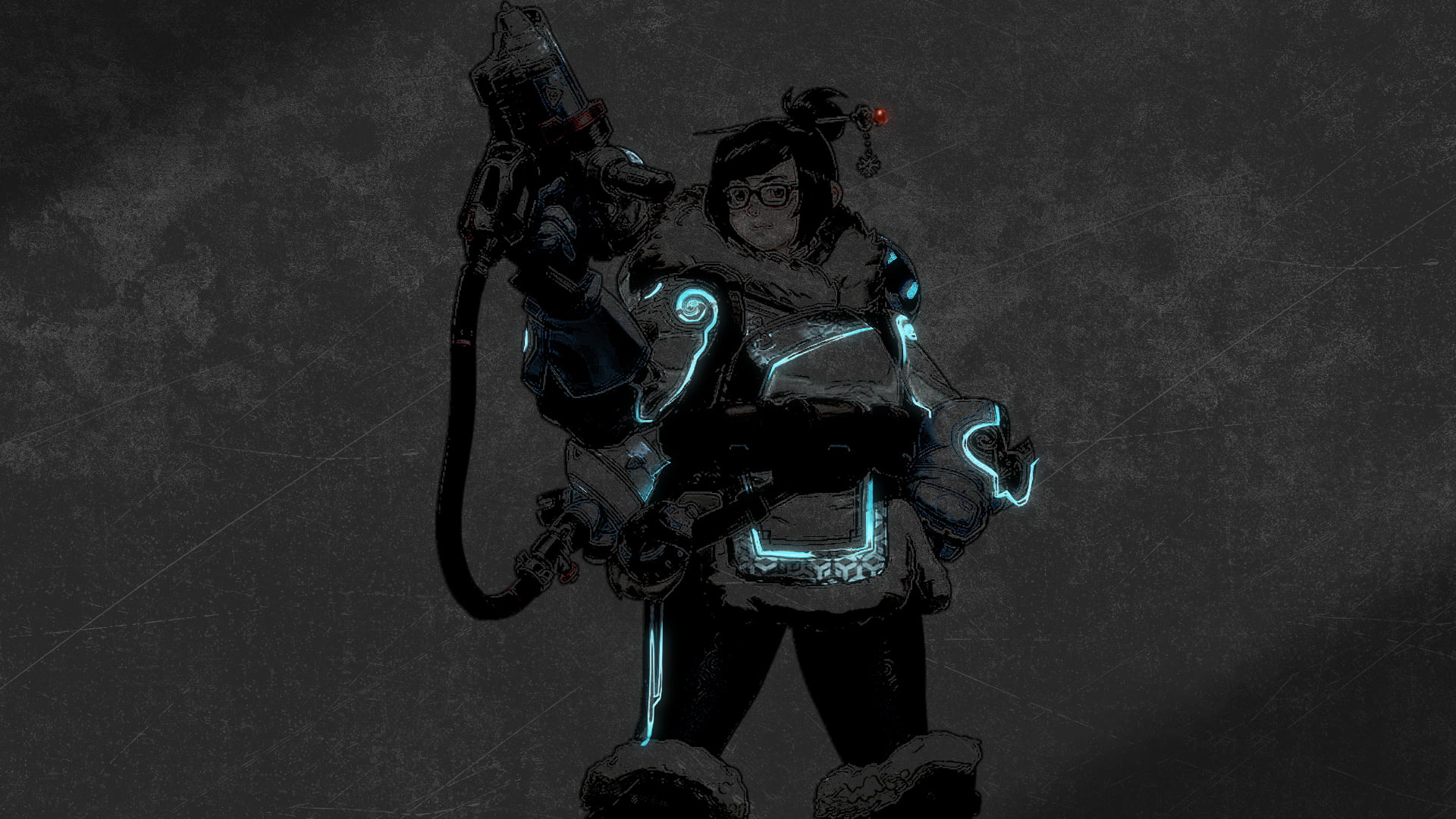 close-up, 1080P, dark, Mei (Overwatch), character, female, stationary, studio shot, creativity, human representation, Overwatch, land vehicle, metal, bicycle, HD Wallpaper