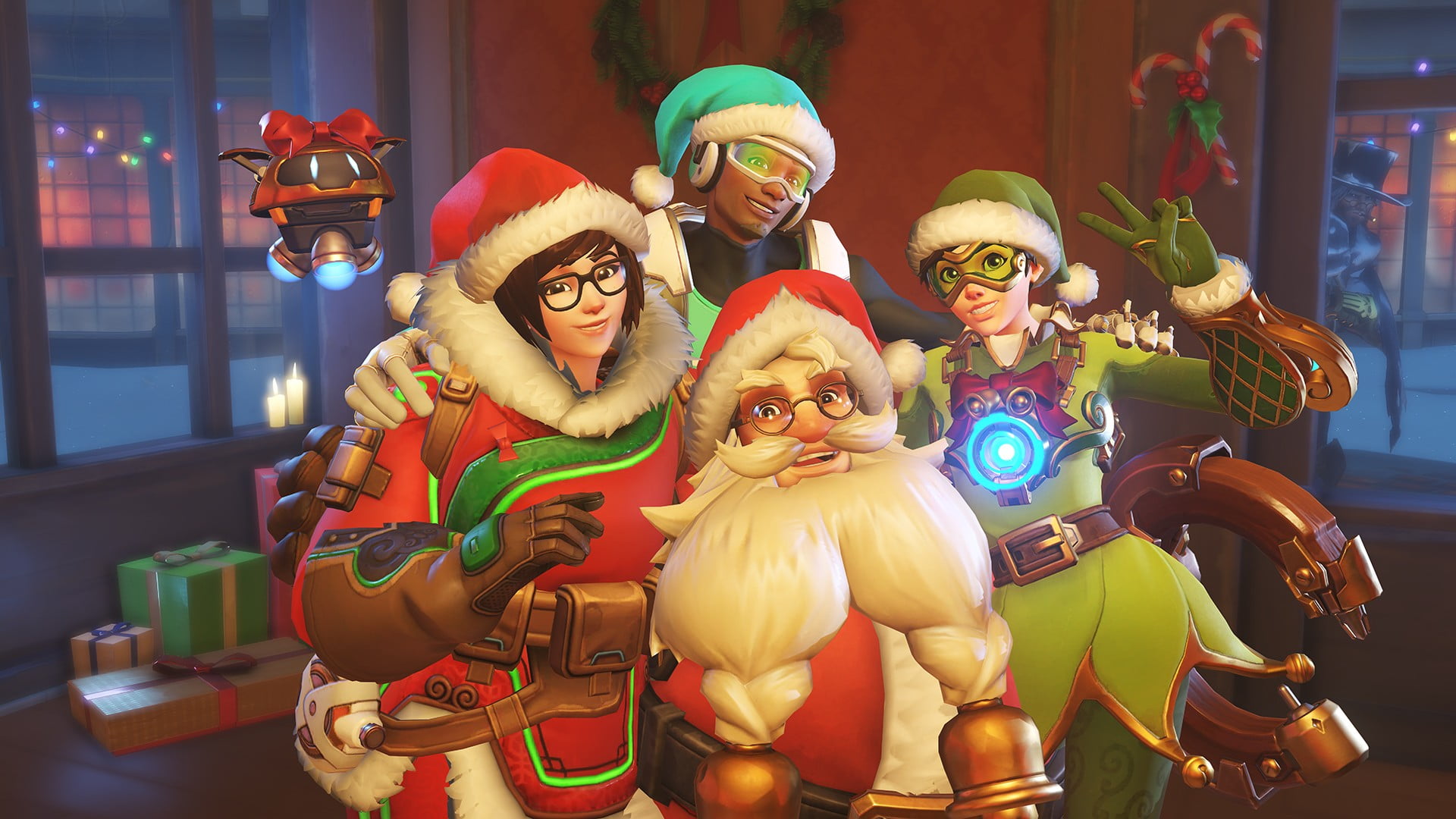 Lúcio (Overwatch), McCree (Overwatch), celebration, humor, edition, snow, female likeness, holiday, santa, sculpture, Santa hats, Tracer (Overwatch), winter, HD Wallpaper