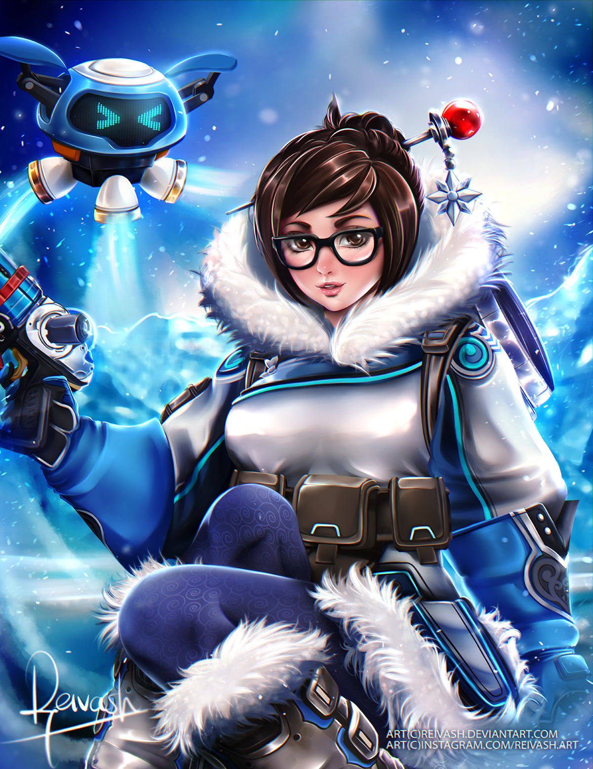 short hair, Overwatch, anime, snow, Mei (Overwatch), 720P, weapon, night, gun, anime girls, glasses, Phone HD Wallpaper