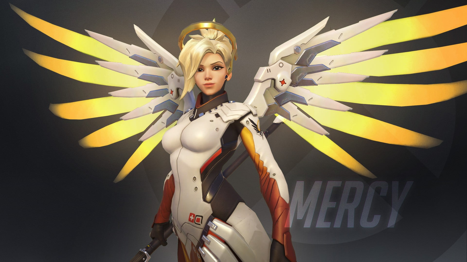 Overwatch, Mercy (Overwatch), portrait, robot, mercy, standing, blonde, one person, blond hair, body paint, women, indoors, hair, character, HD Wallpaper