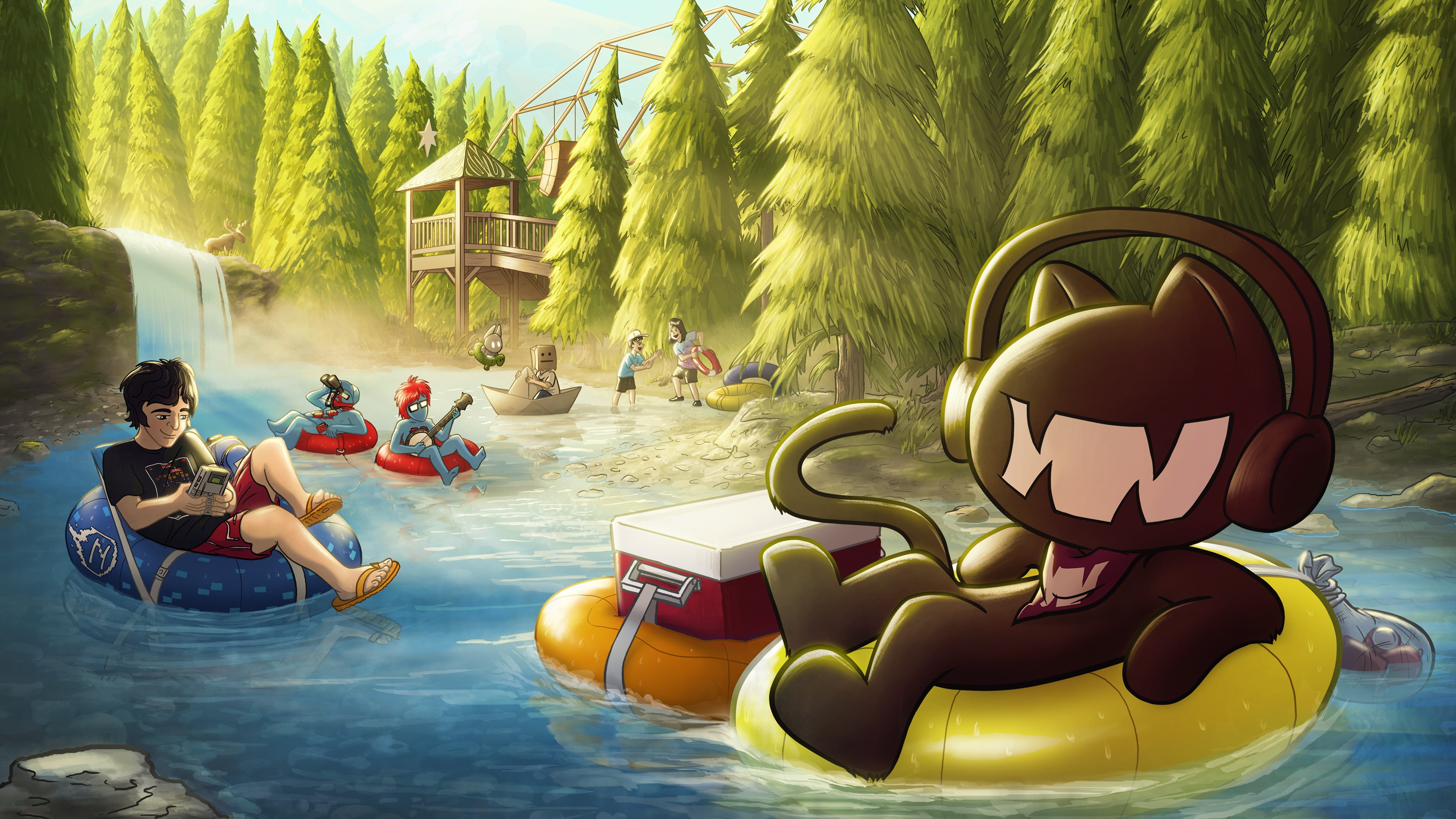 comic art, safety, inflatable, adult, leisure activity, fun, enjoyment, pool raft, nature, trip, swimming, tree, pool party, vacations, artwork, HD Wallpaper