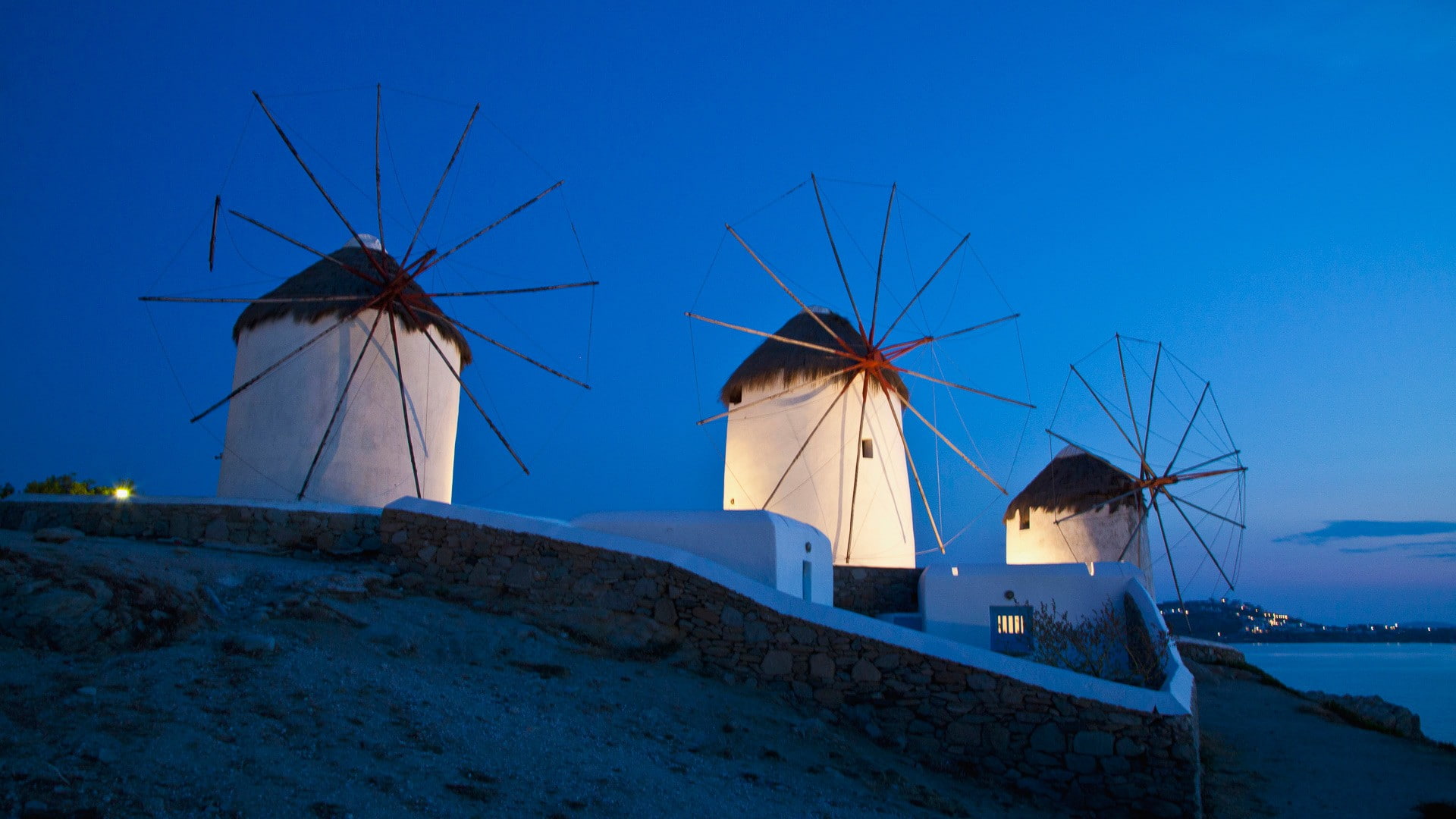 greece mykonos island, land, no people, wind turbine, alternative energy, fuel and power generation, outdoors, 1080P, water, building exterior, blue, clear sky, HD Wallpaper