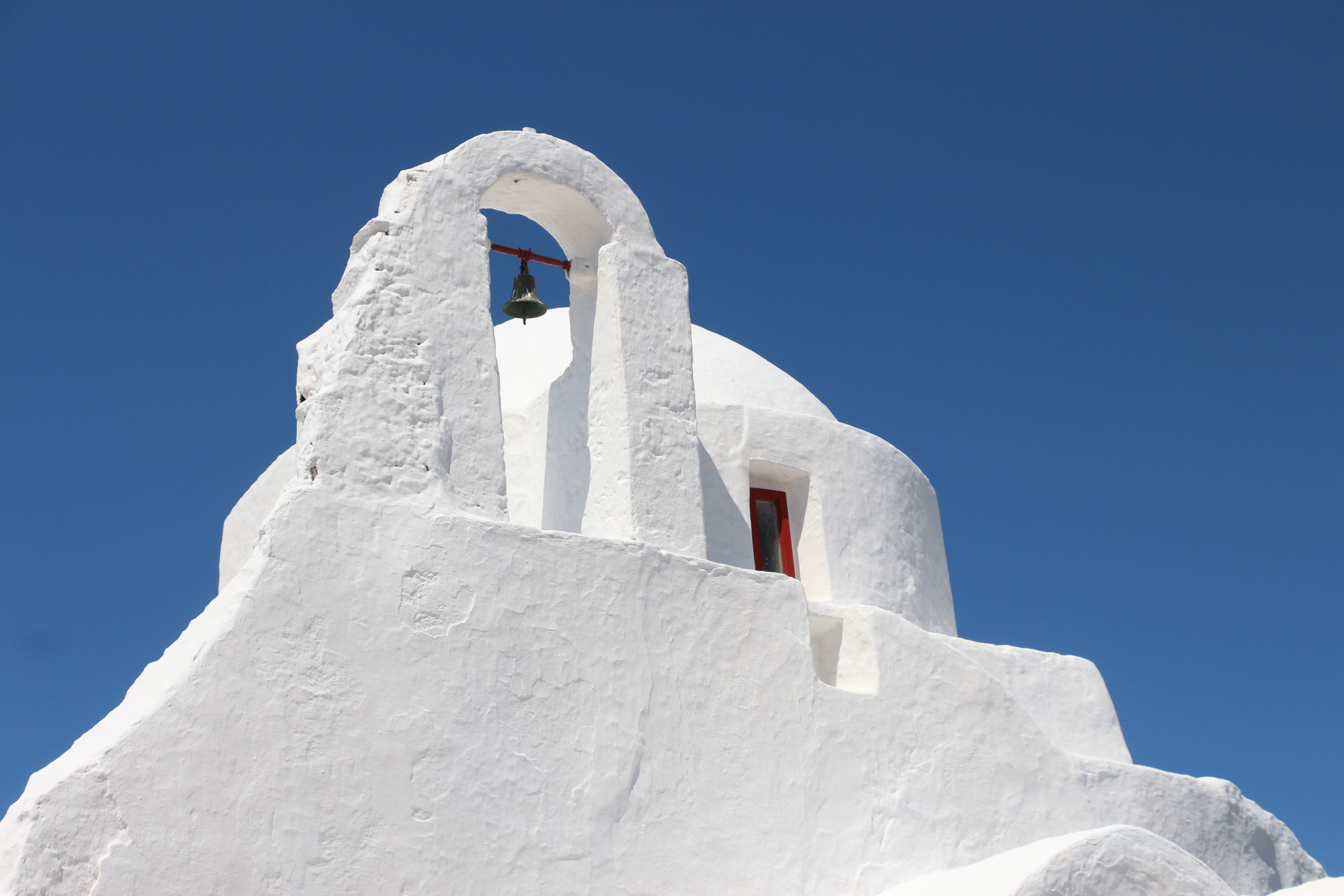 low angle view, built structure, sky, blue, clear sky, day, church, cyclades Islands, belief, aegean Sea, greek island, architecture, famous Place, 5K, HD Wallpaper