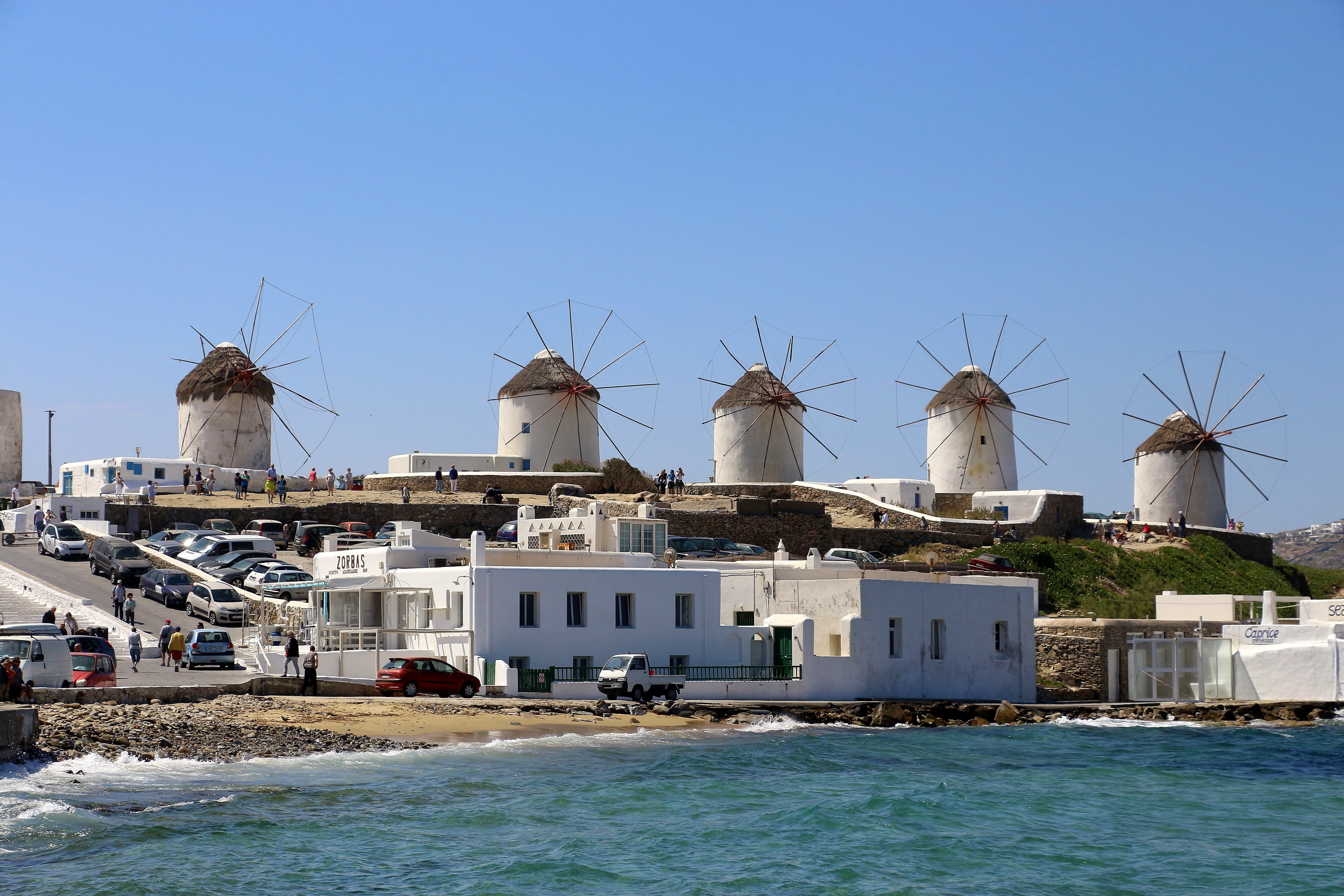 clear sky, environment, outdoors, environmental conservation, 5K, greece, sky, no people, tourism, built structure, water, island, sea, renewable energy, HD Wallpaper