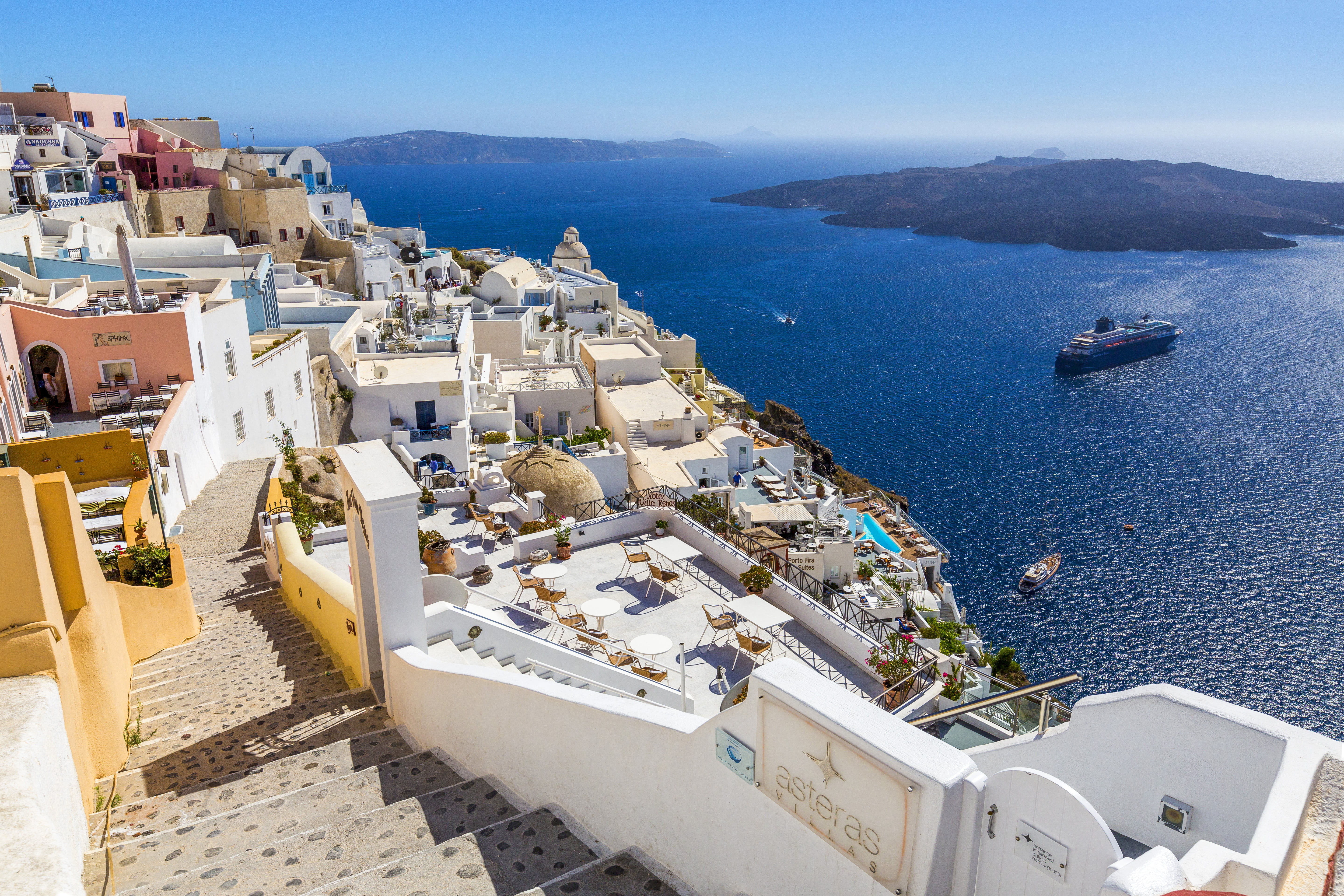 travel destinations, residential district, no people, horizon, 5K, building, nautical vessel, city, blue, building exterior, built structure, ship, Greece, HD Wallpaper