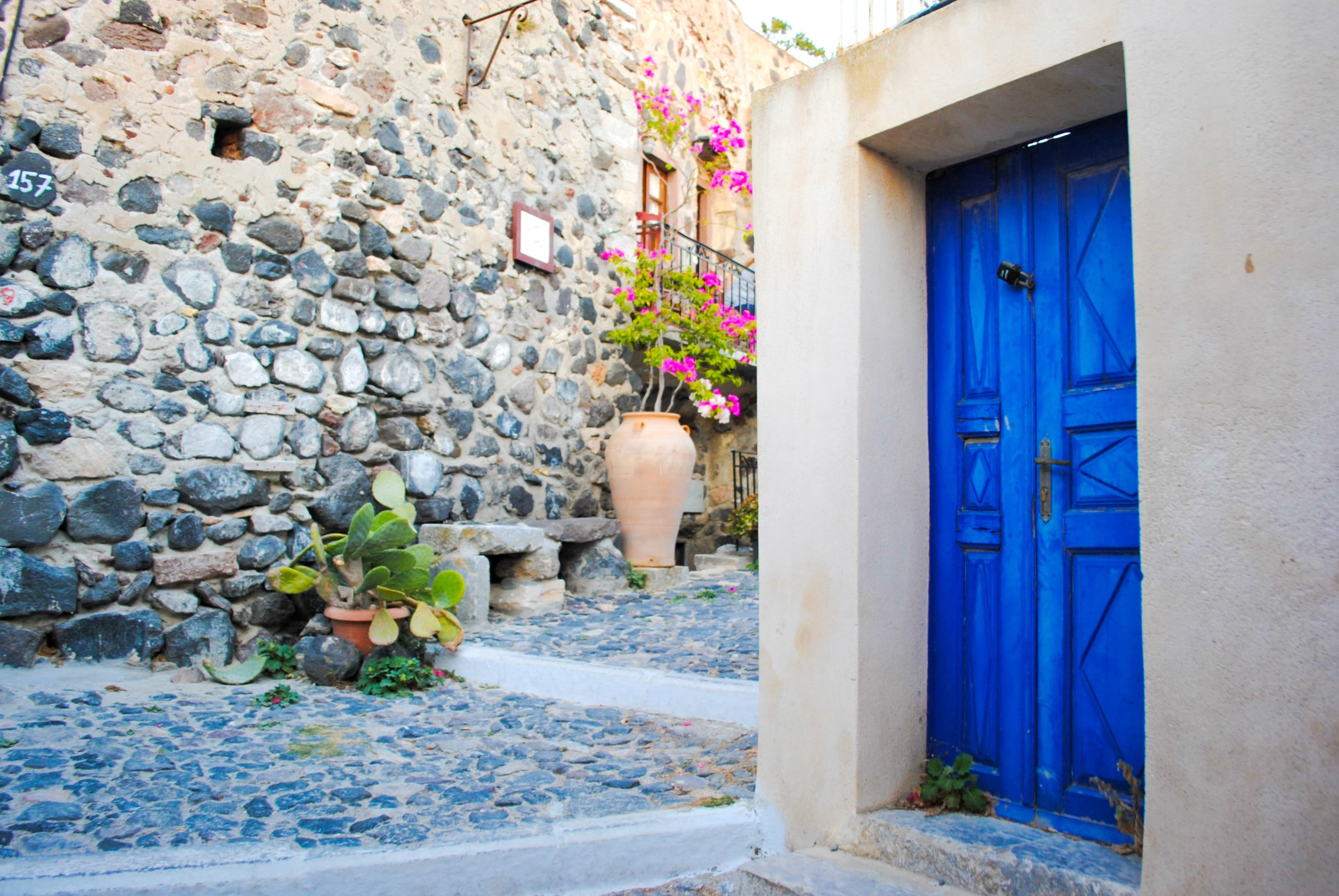 plant, summer, tourism, wall - building feature, caldera, traditional, holiday, stone wall, no people, flower, village, european, nature, greek, white, HD Wallpaper