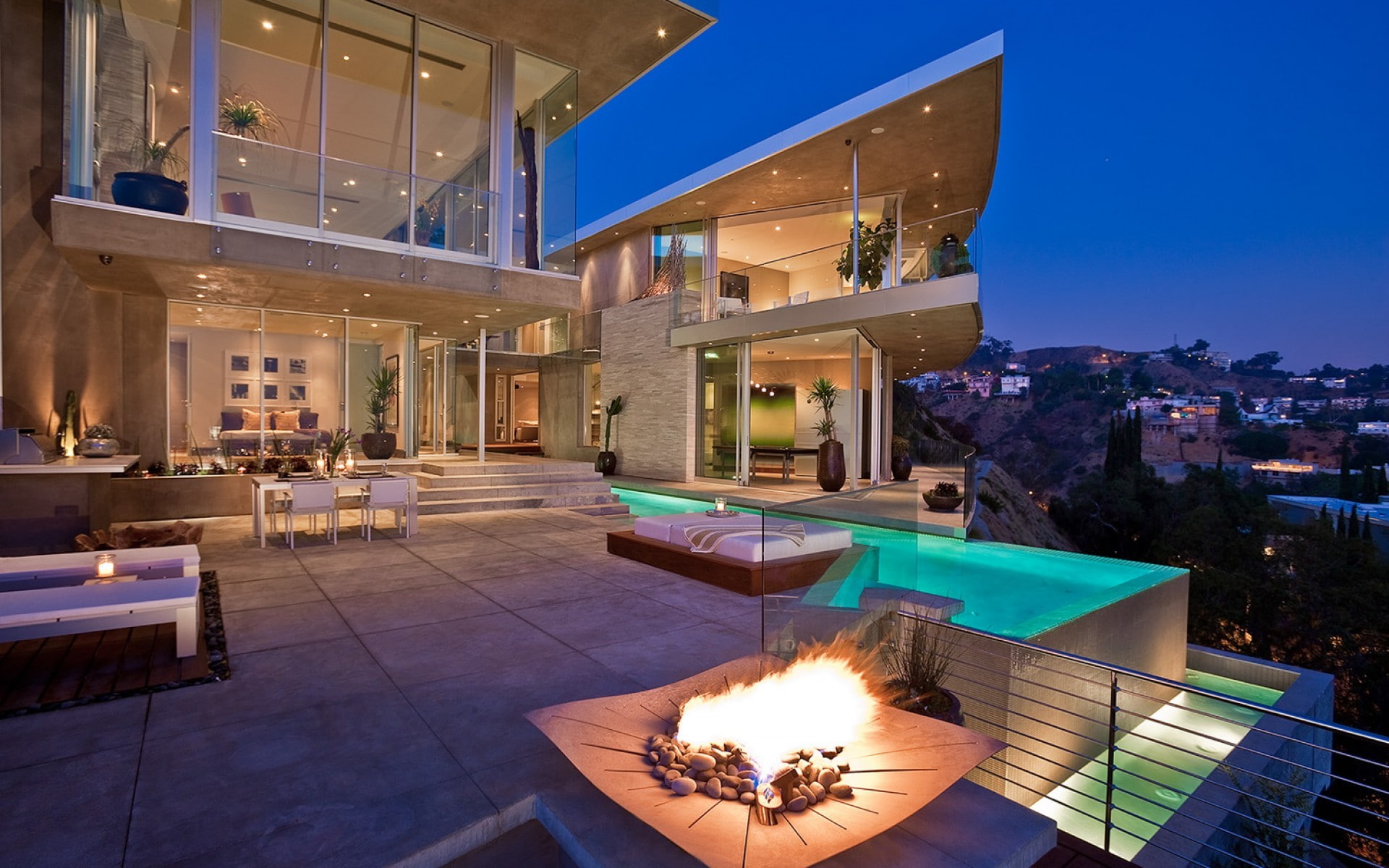table, illuminated, no people, villa, architecture, lifestyles, 1080P, wealth, residential district, home interior, built structure, dusk, modern, building, HD Wallpaper