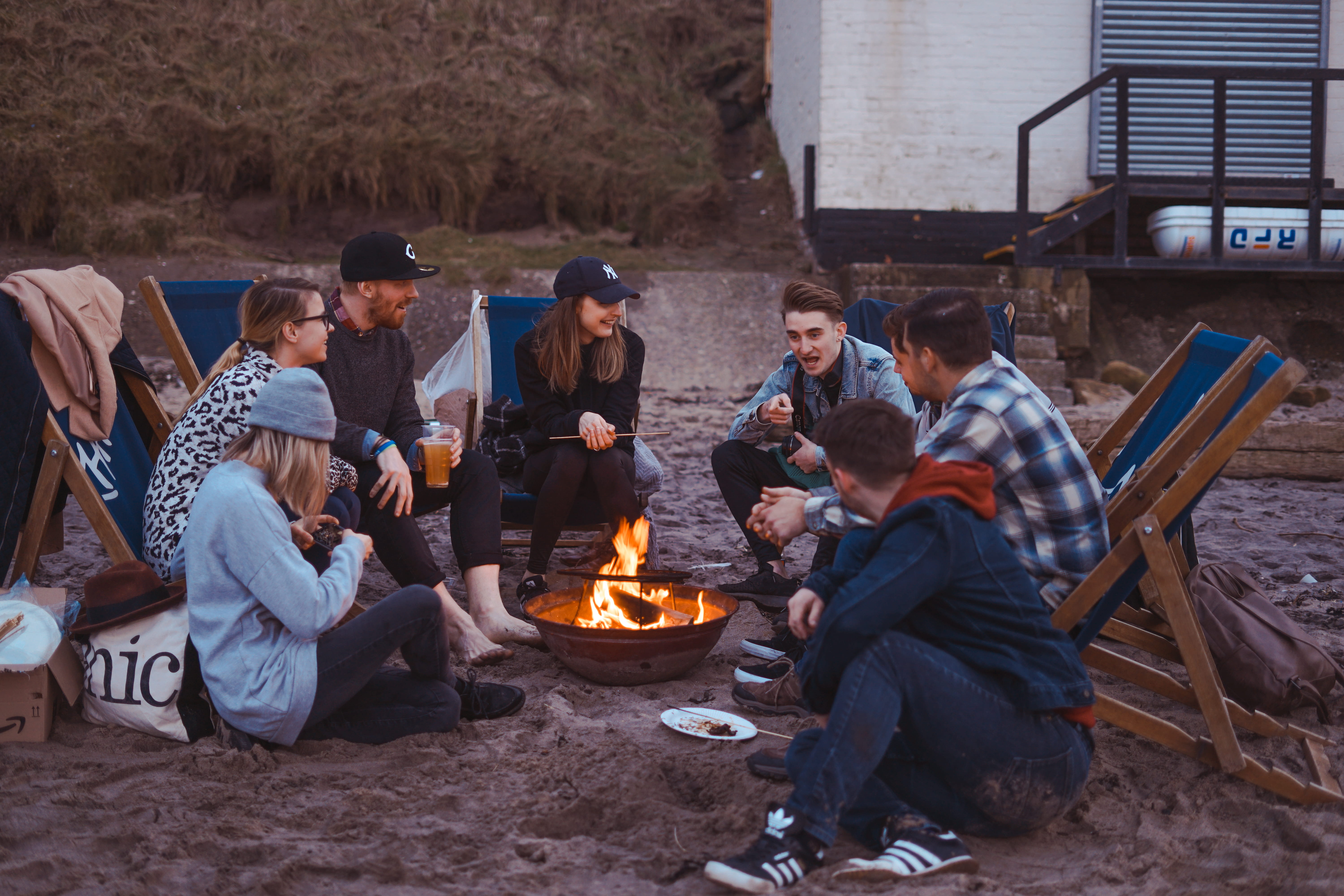 young adult, group, wood, sitting, lounge chair, friend, front, sandy shore, togetherness, preparation, women, 5K, preparing food, beach, person, summer hangout, HD Wallpaper