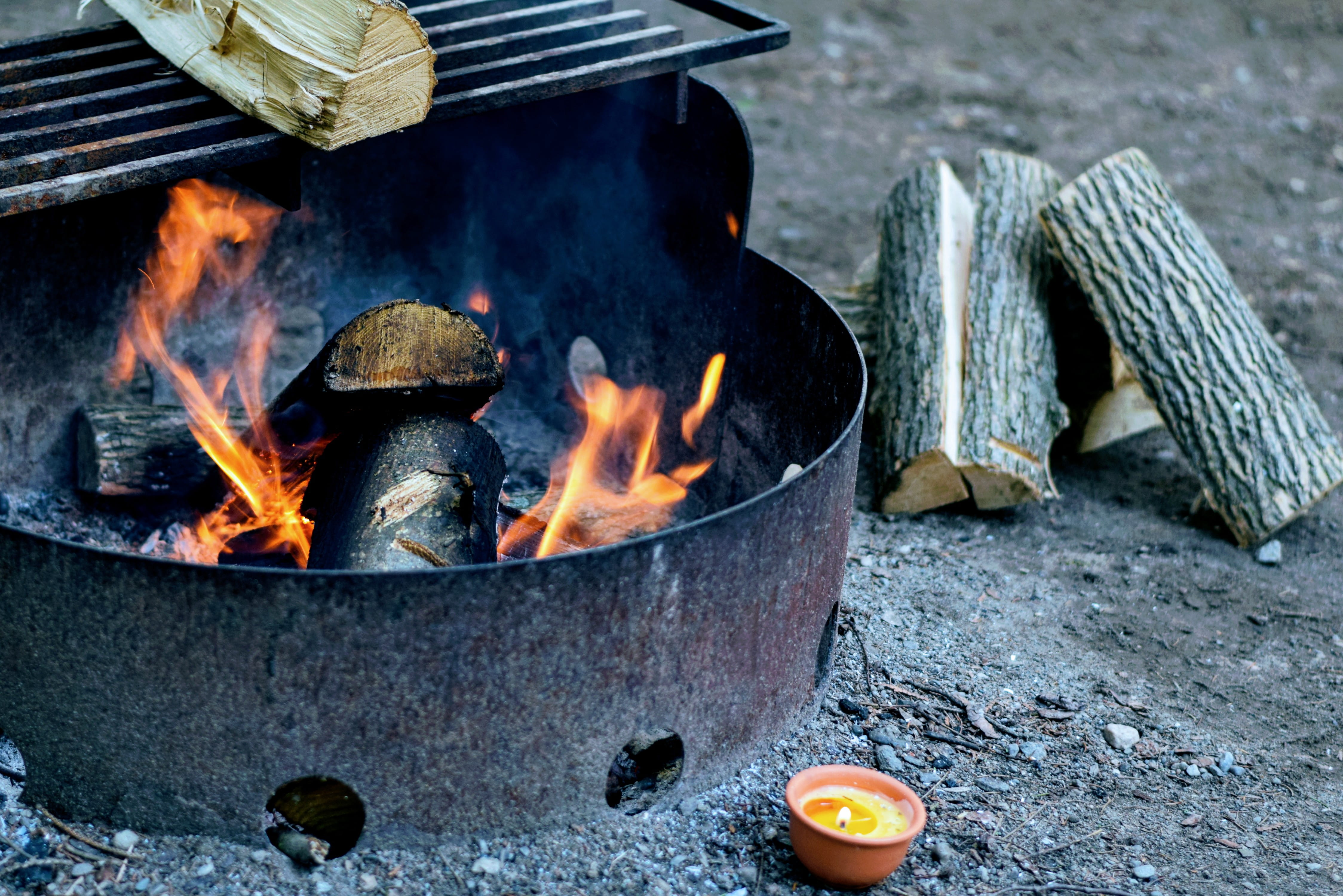 dome, firewood, firewoods, preparation, food, nature, logs, grille, 4K, metal, firepit, fireplace, wood - material, brown, candle, closeup, outdoors, fire, HD Wallpaper