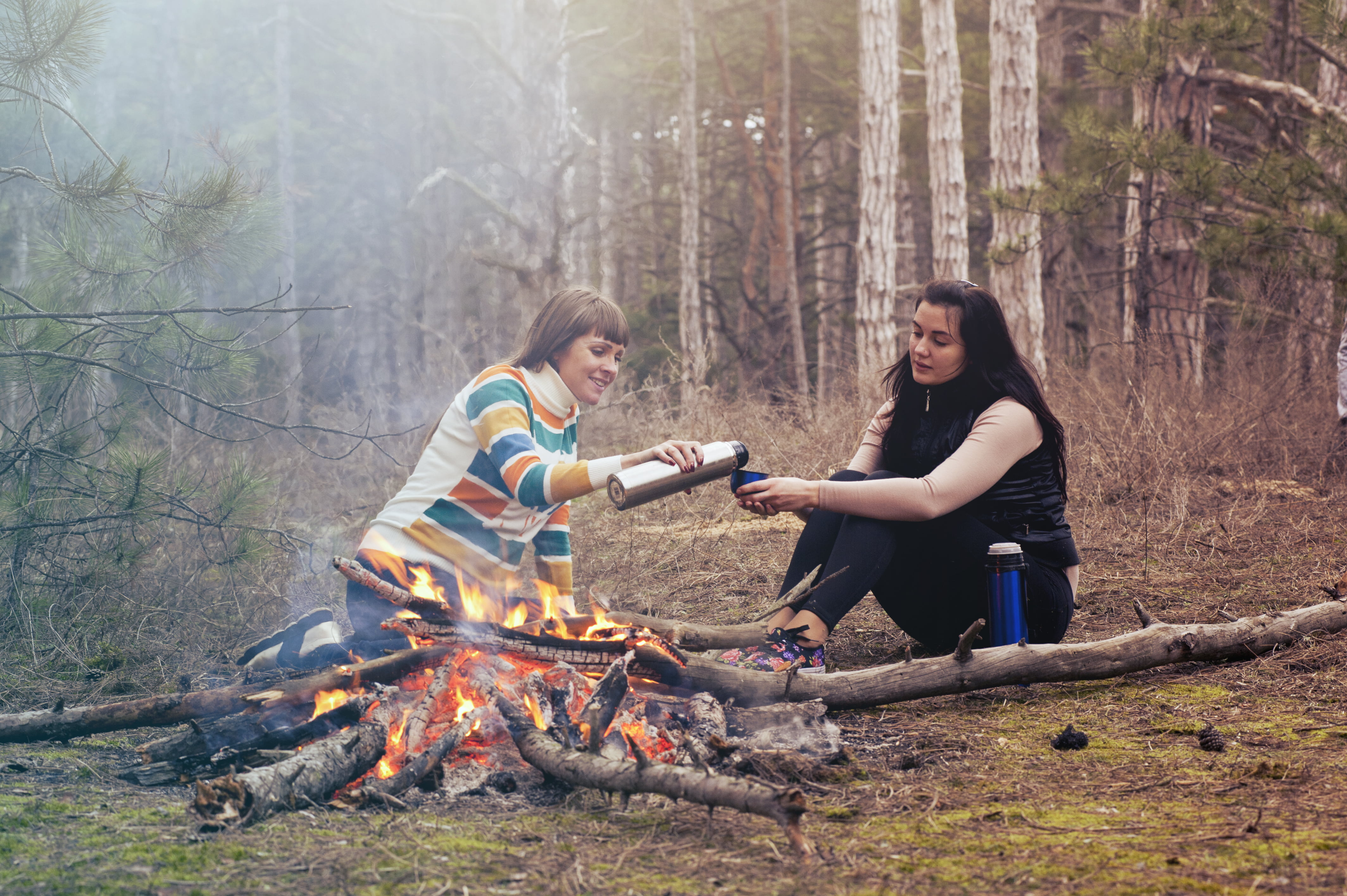 campfire, nature, friends, firewood, positive emotion, vacuum, fire - natural phenomenon, firepit, smile, forest, cup, happy, land, heterosexual couple, HD Wallpaper