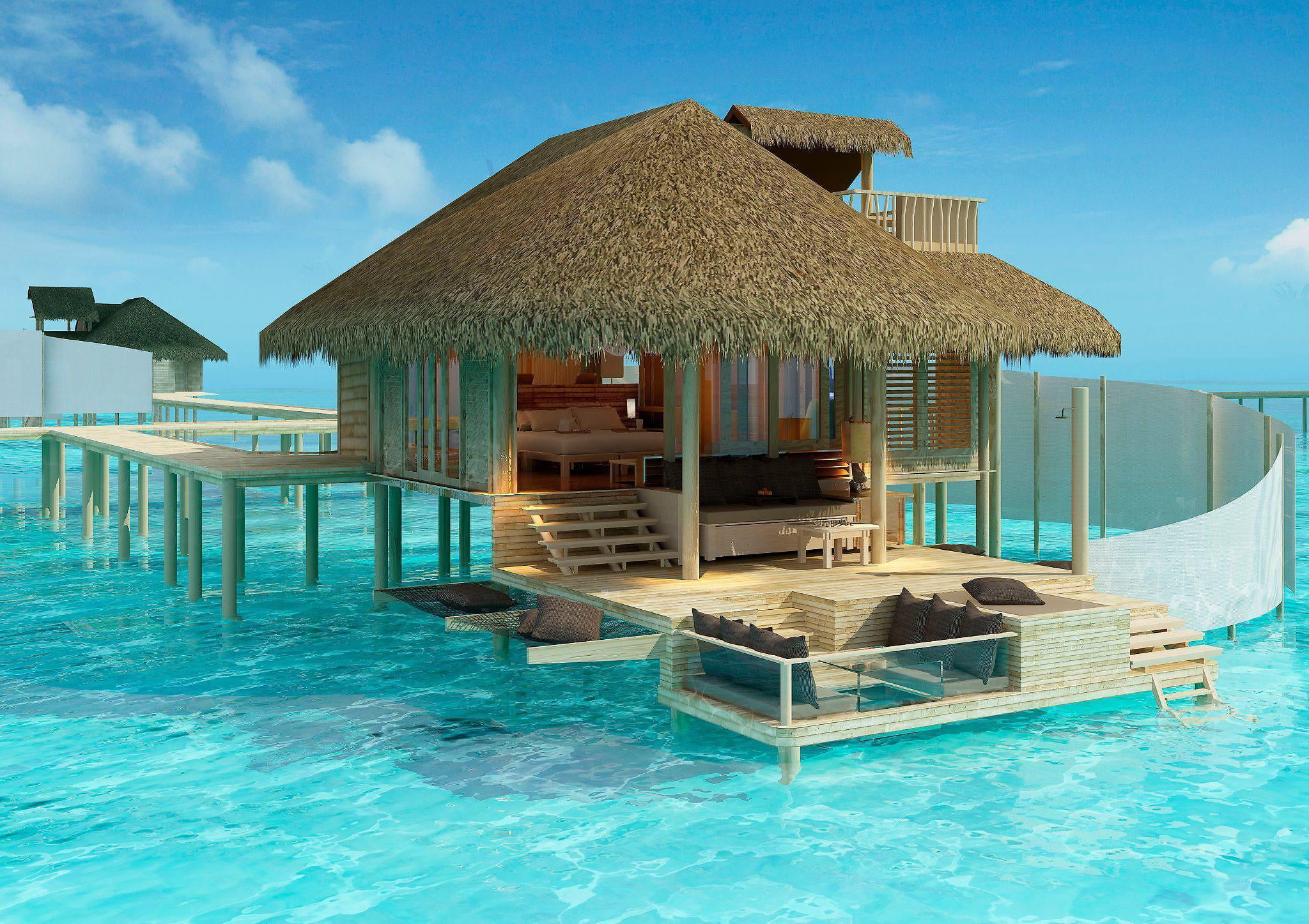 building exterior, building, beach, nature, swimming Pool, tourism, thatched roof, chair, wood - Material, island, waterfront, travel, nipa, scenics, relax, HD Wallpaper