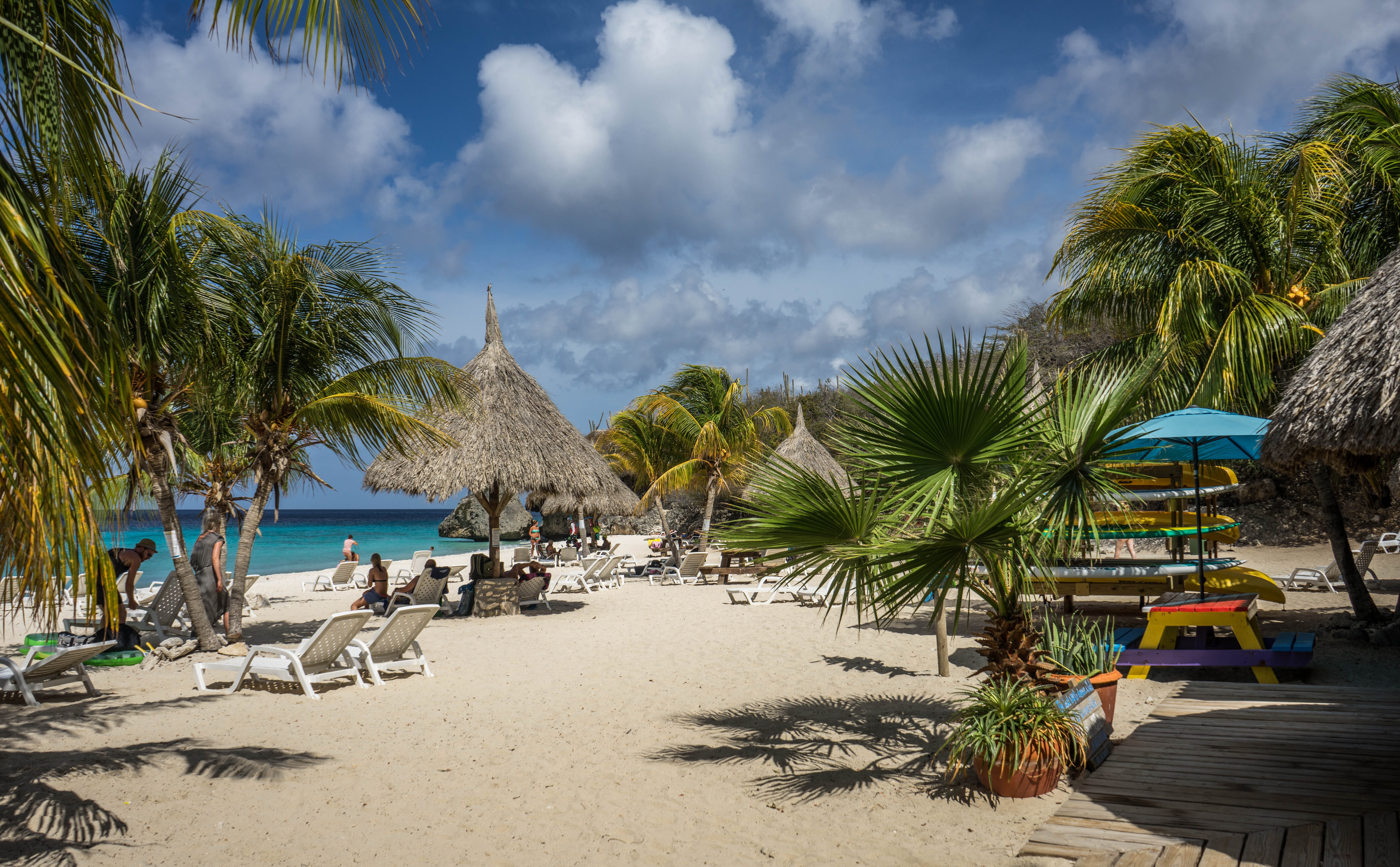 sand, trees, tropical, coastline, blue, no People, huts, travel Destinations, beauty in nature, tree, vacation, sky, chair, relaxation, green, idyllic, HD Wallpaper