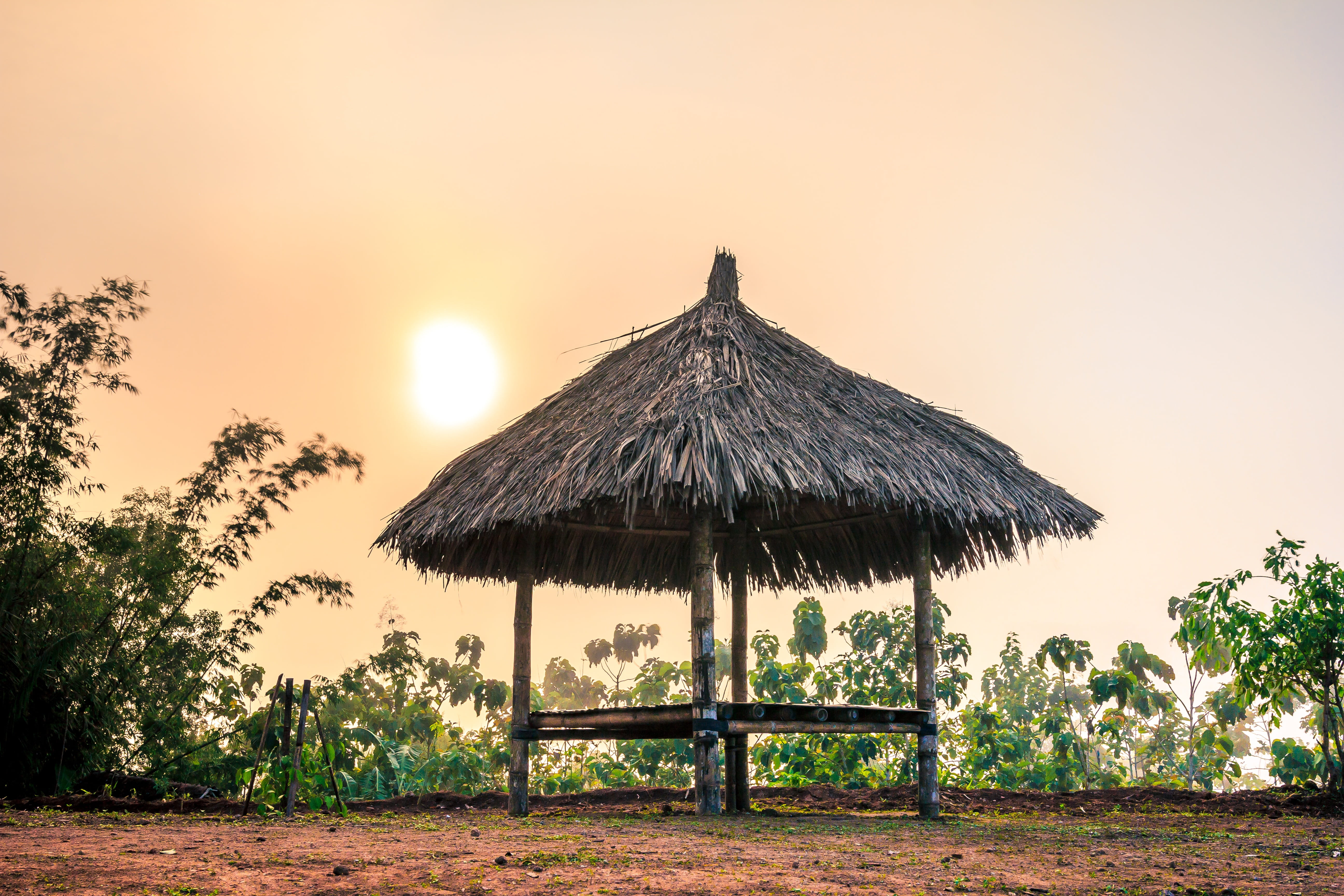 gazebo, thatched roof, sunset, non-urban scene, roof, sunny, outdoors, nature, tranquil scene, scenics, sky, sun, beautiful, land, no people, HD Wallpaper