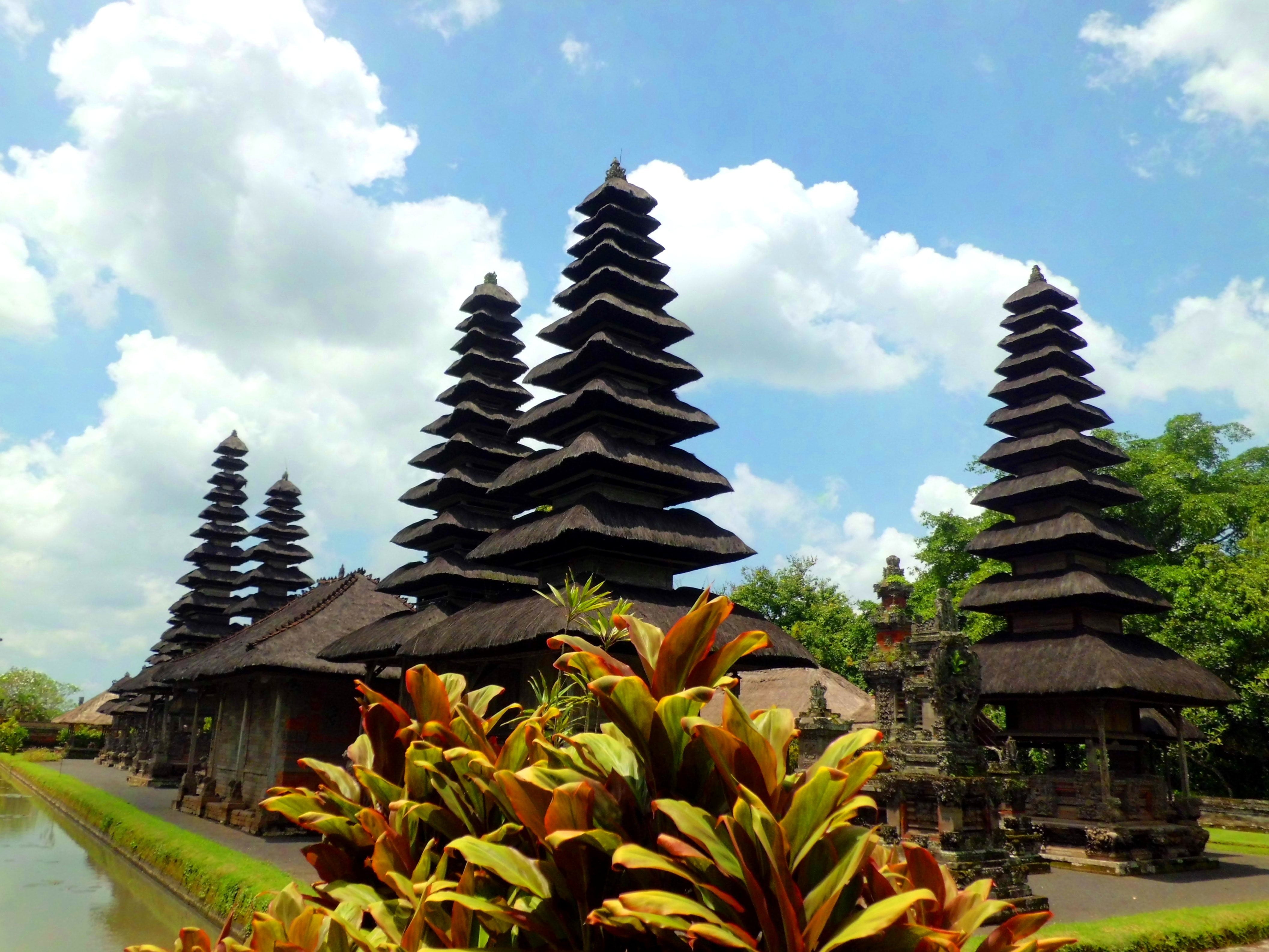 belief, building exterior, no people, plant, leafed, cloud - sky, surrounded, building, green, indonesia, brown, hindu, spirituality, beauty in nature, HD Wallpaper