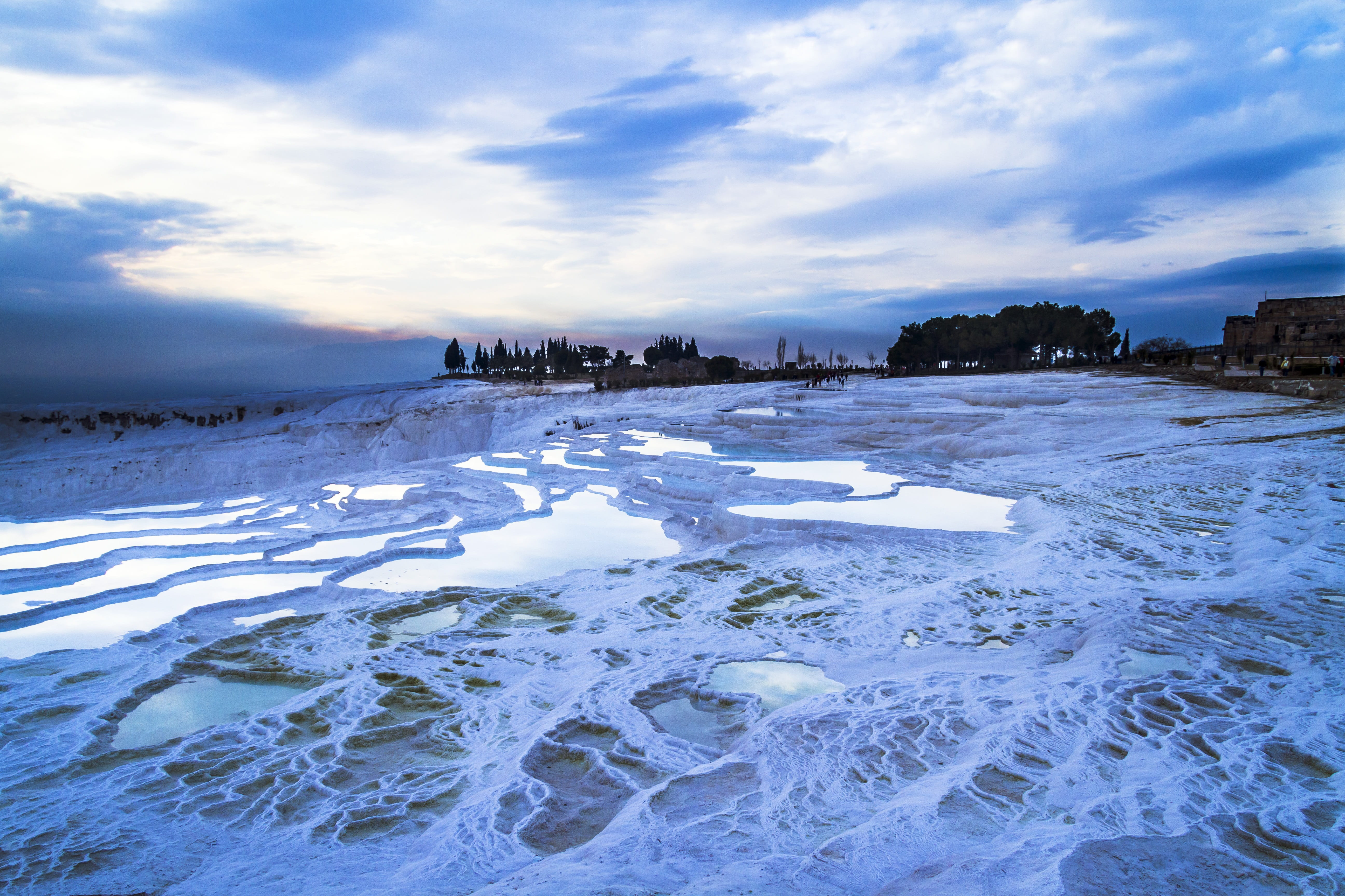 pamukkale, 5K, tranquility, tranquil scene, calcium deposits, no people, turkey, beauty in nature, cloud - sky, winter, outdoors, water, white color, cold, HD Wallpaper