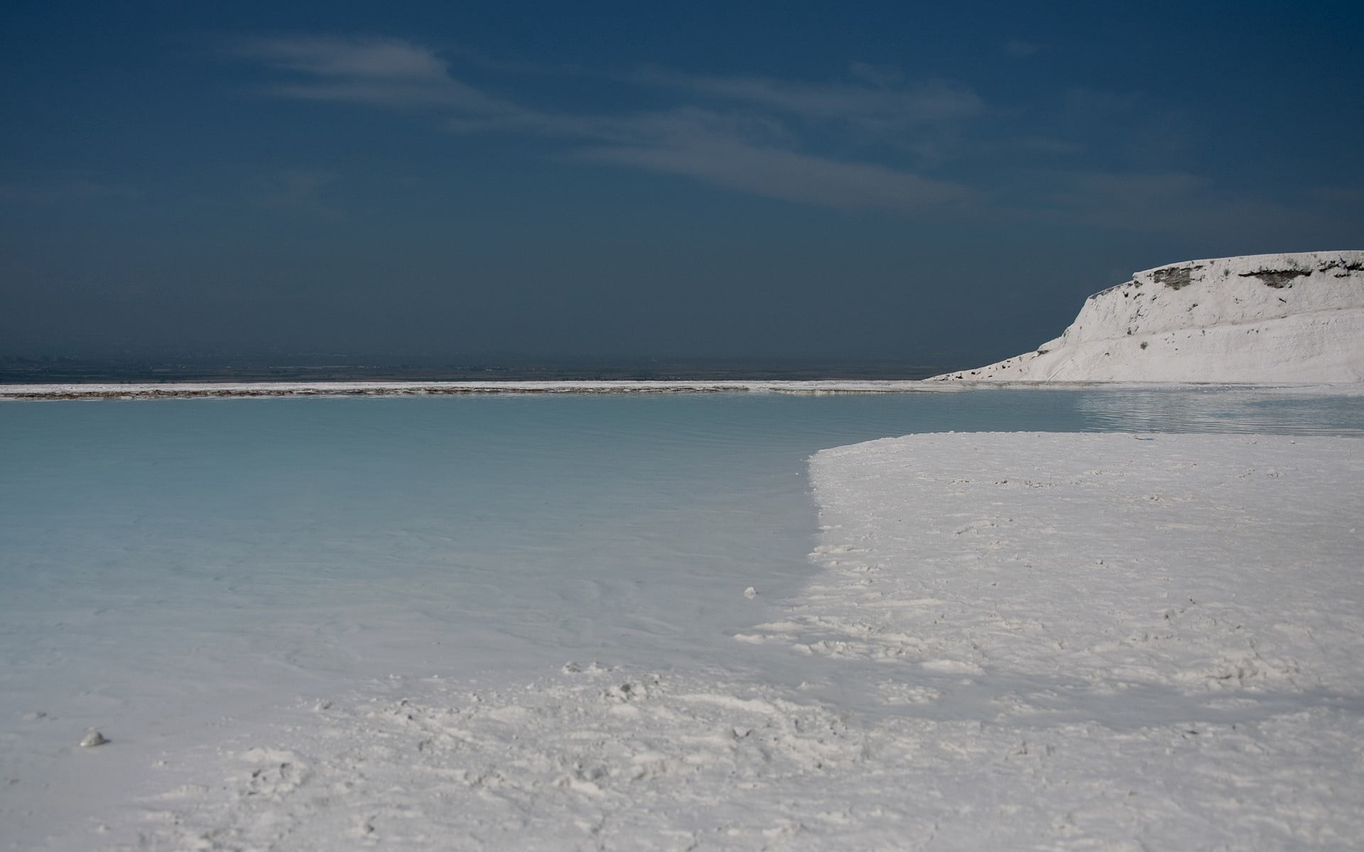 pamukkale, idyllic, beach, winter, tranquility, landscape, salt - Mineral, sand, seashore, scenics, cloud - sky, tranquil scene, snow, river, ice, 1080P, HD Wallpaper