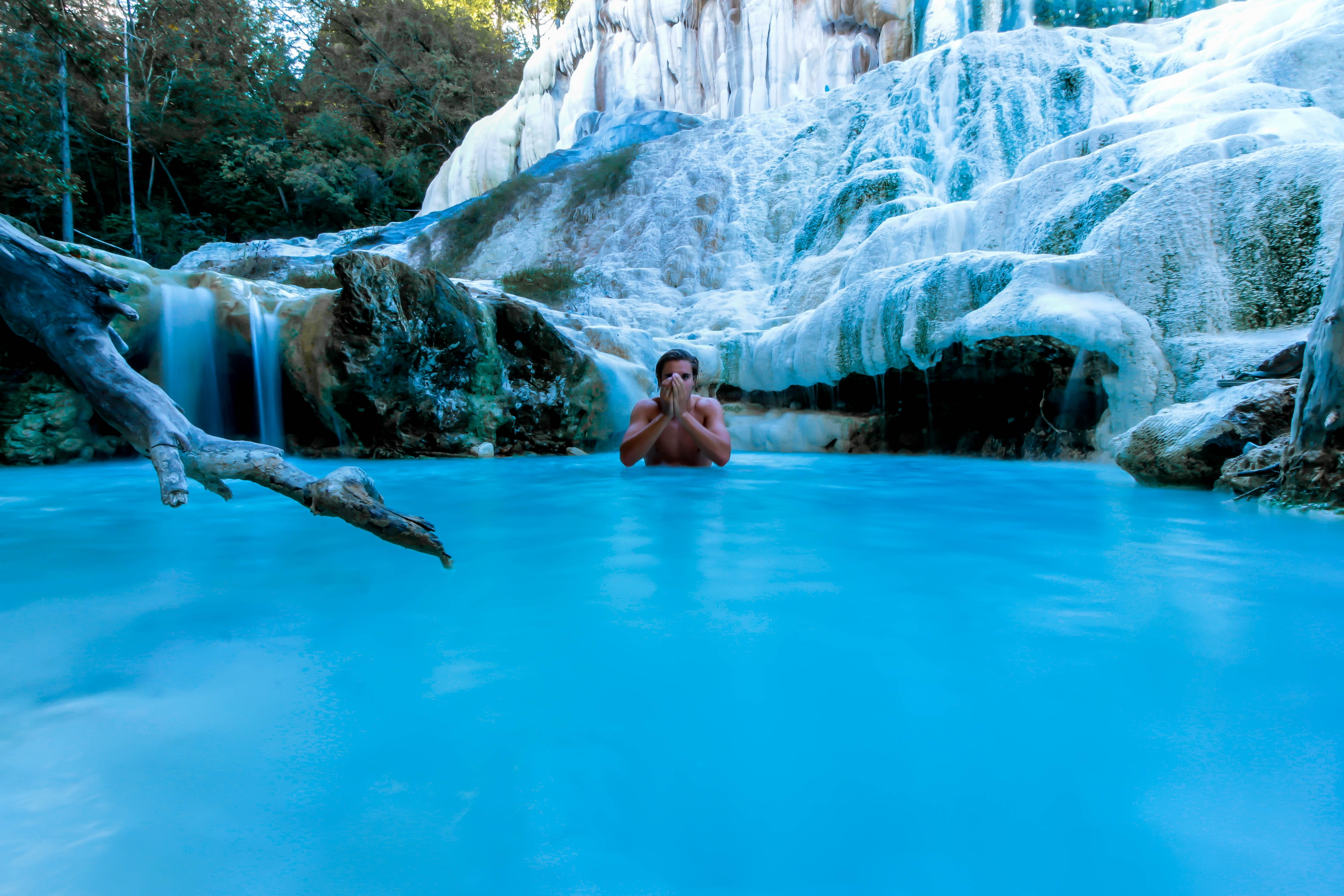 trip, mid adult, man, waterfall, one person, leisure activity, outdoors, nature, young men, forest, pool, front view, Thermal, Wellness, tuscany, 5K, thermal, HD Wallpaper