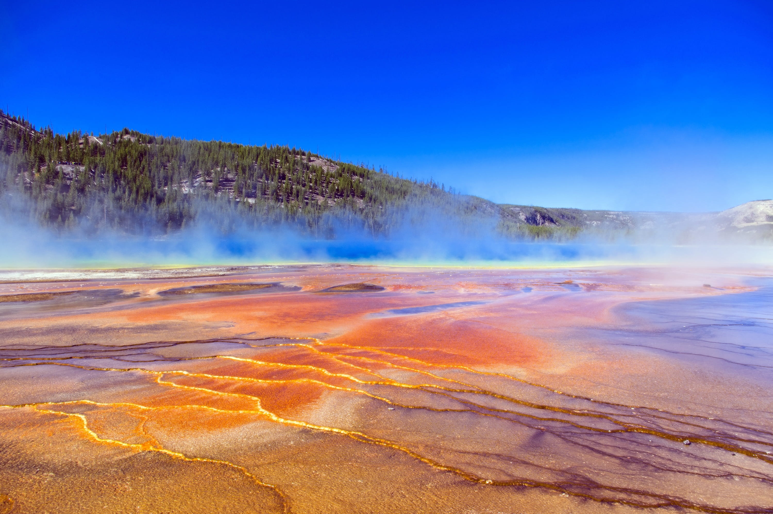 no people, minerals, tranquil scene, land, hot spring, yellowstone, sky, usa, outdoors, water, travel destinations, color, 2K, park, mist, tranquility, HD Wallpaper