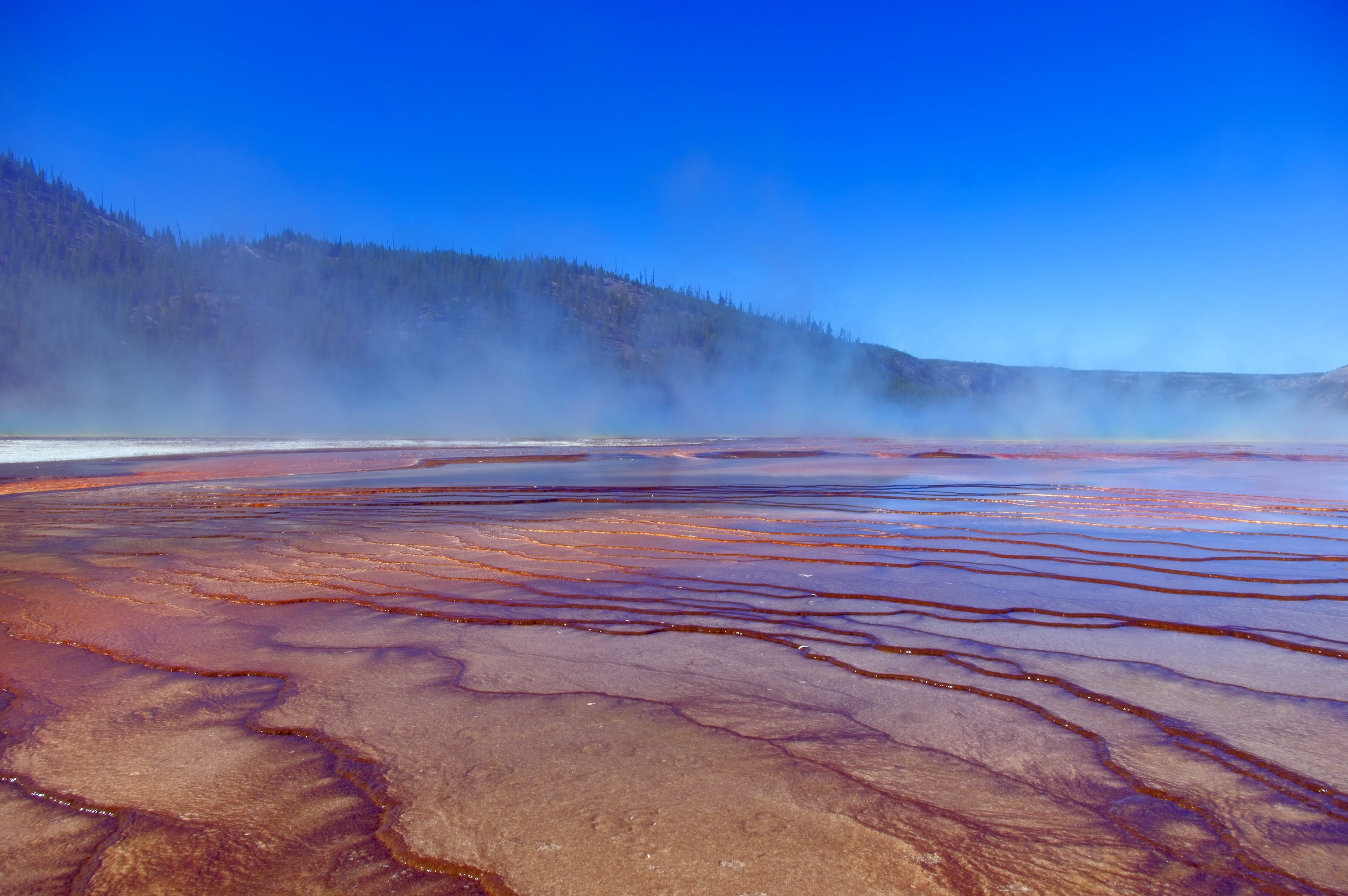 2K, beauty in nature, scenics - nature, mountain, steam, travel destinations, power in nature, heat - temperature, land, day, springs, bacterial mats of grand prismatic, HD Wallpaper