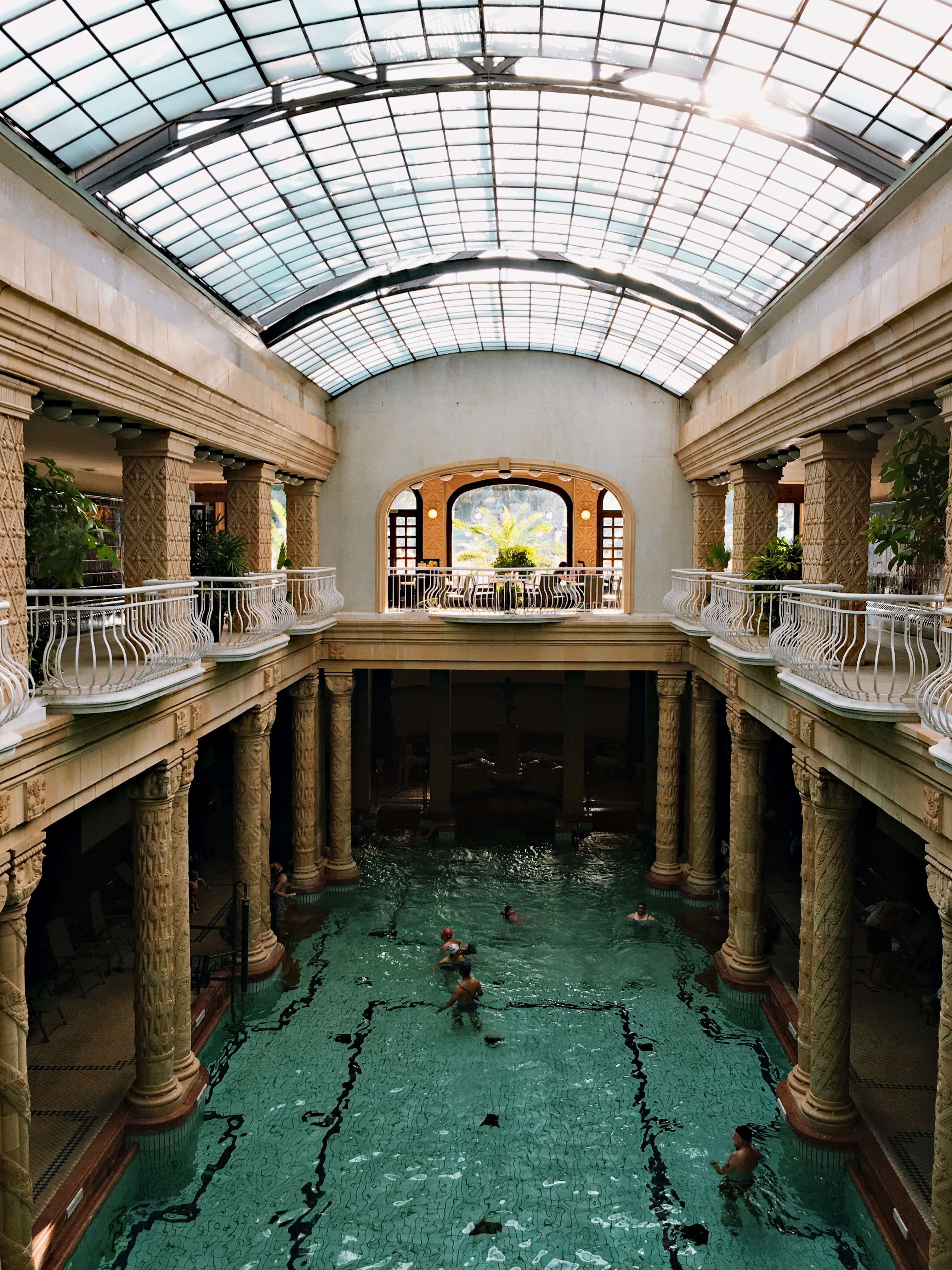 courtyard, decline, railing, pool, arch, architecture, built structure, no people, swimming, nature, arcade, budapest, wood - material, ceiling, deterioration, Phone HD Wallpaper
