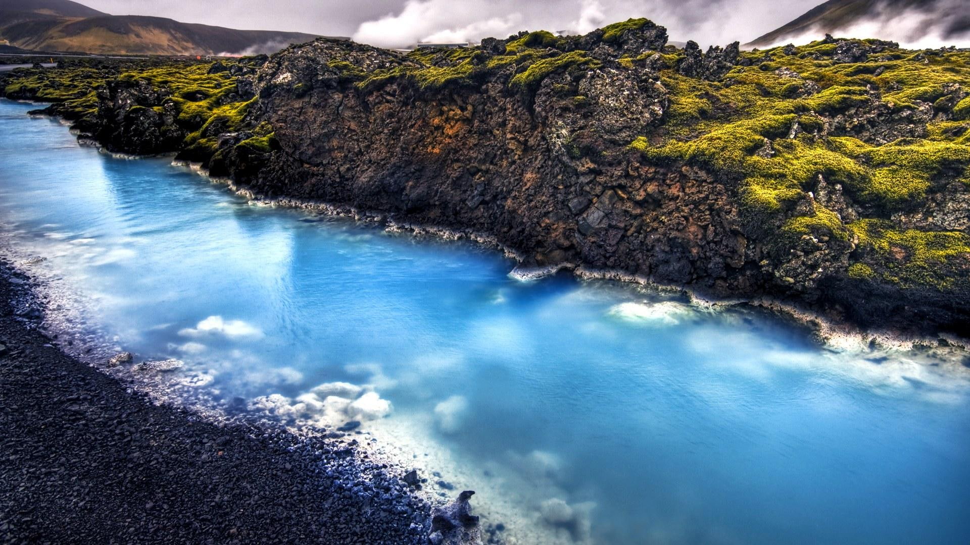 rocks, stream, fields, thermal, hdr, moss, icel, nature and landscapes, blue, 1080P, HD Wallpaper