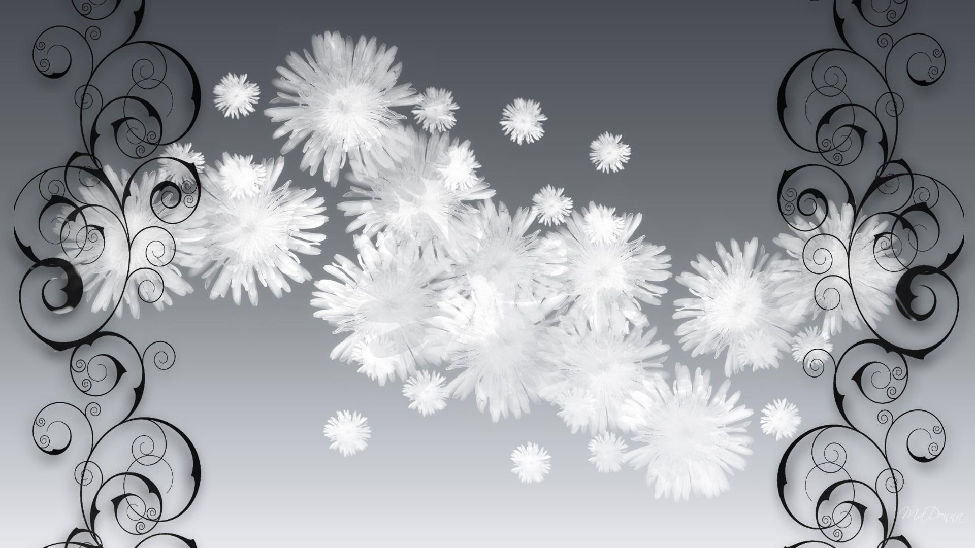cotton, 3d and abstract, flowers, elegance, fluffy, firefox persona, fluff, white, silver, gray, scroll, 1080P, HD Wallpaper