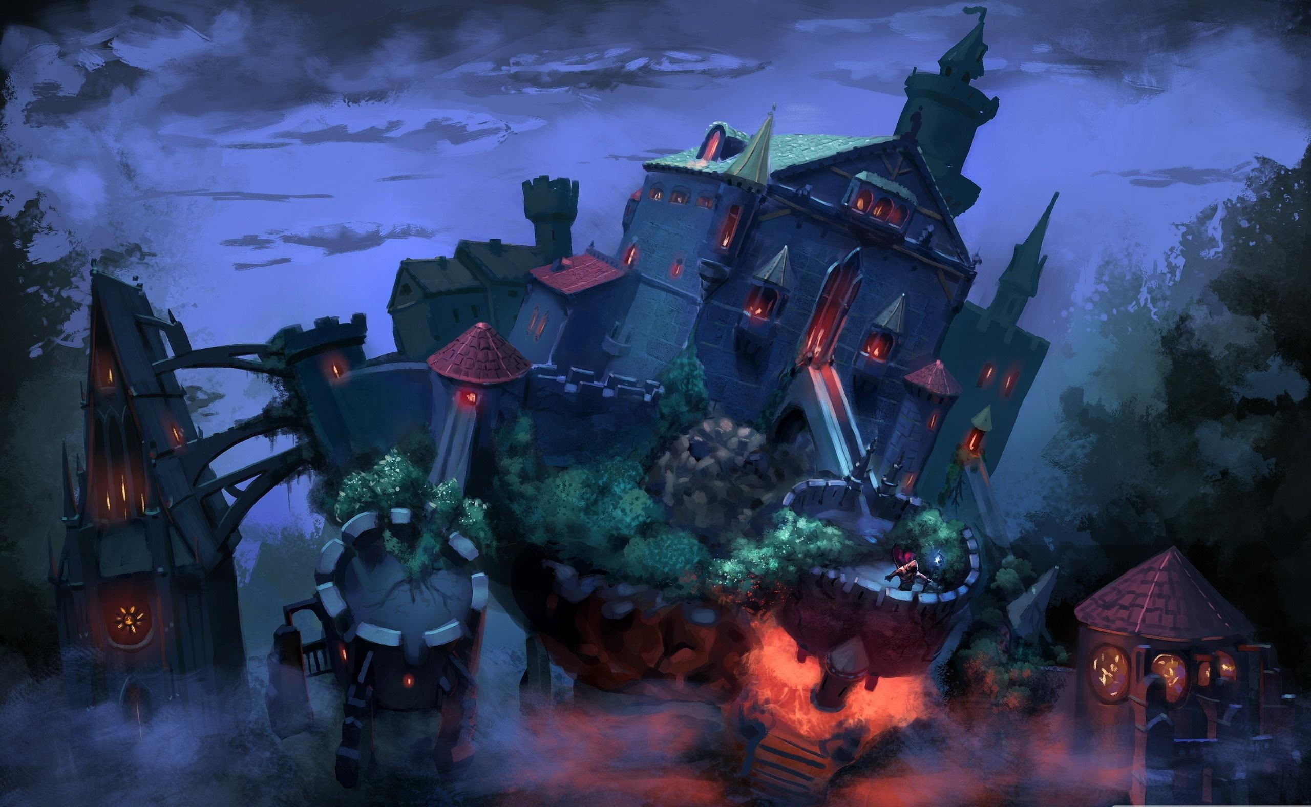 dark, 3d and abstract, castle, fantasy, night, 2K, HD Wallpaper