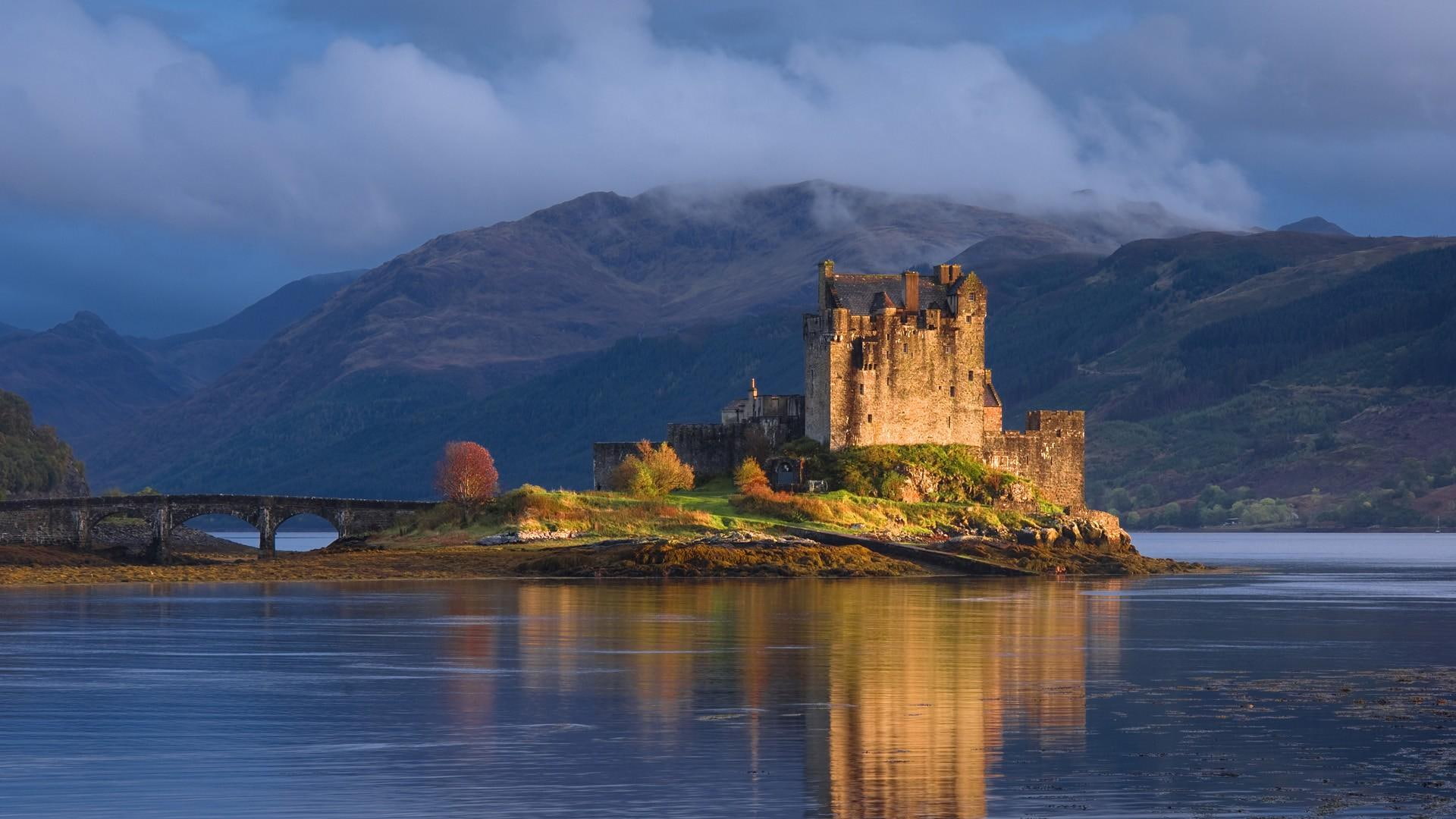 castle, water, 3d and abstract, clouds, 1080P, mountains, beautiful, bridge, HD Wallpaper