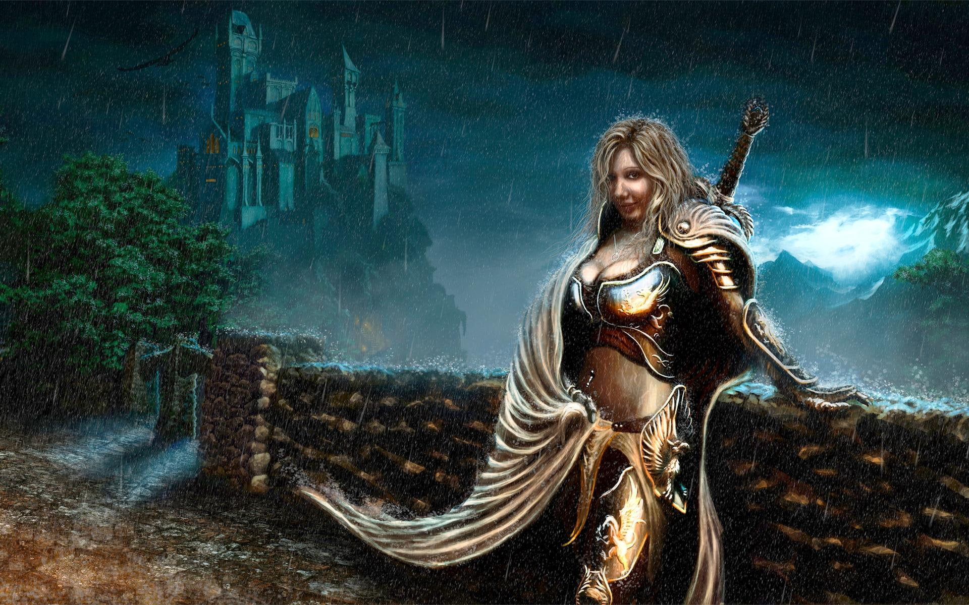 1080P, rain, girl, sword, knight, armor, castle, 3d and abstract, HD Wallpaper