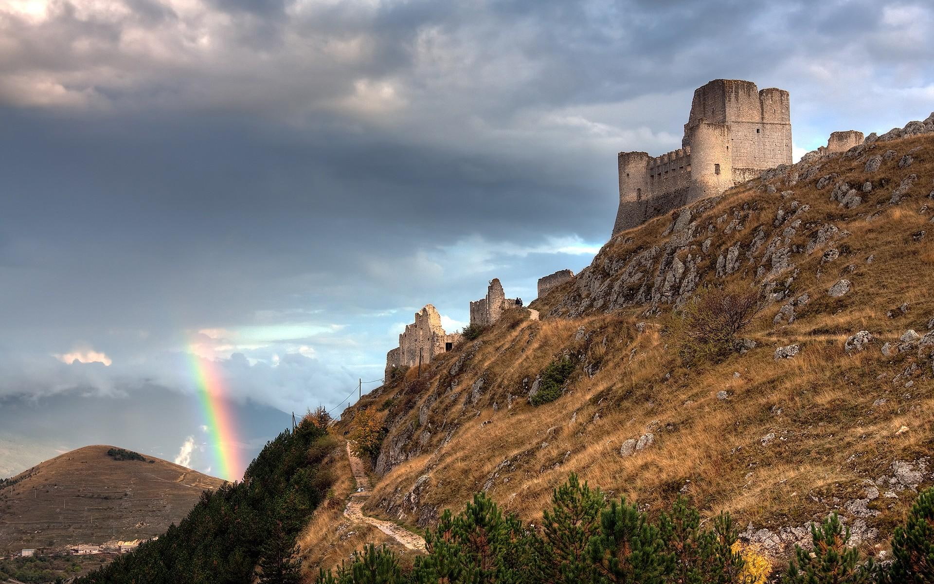 storm, rainbow, 3d and abstract, castle, 1080P, clouds, HD Wallpaper