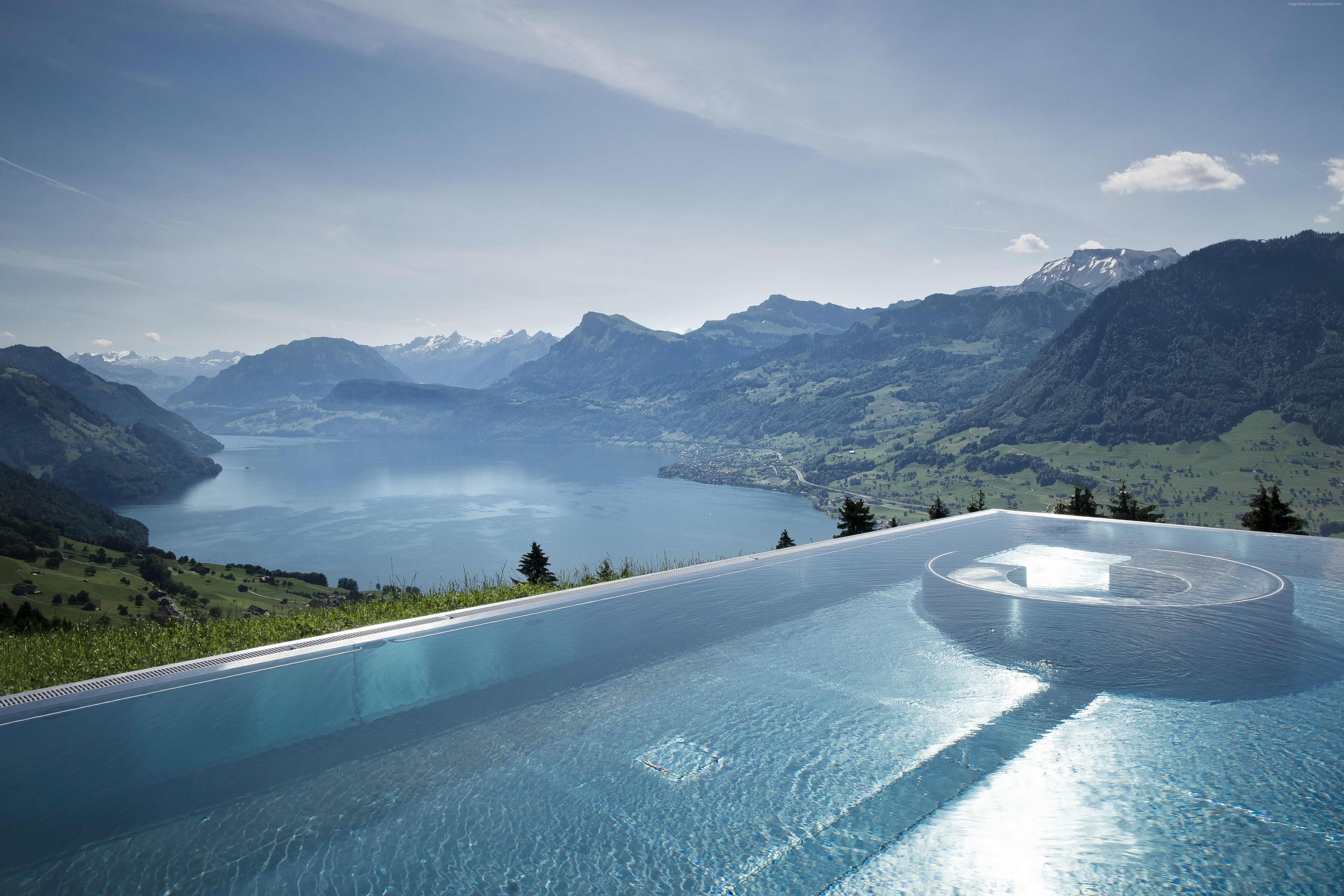 5K, swimming pool, mountains, HD Wallpaper