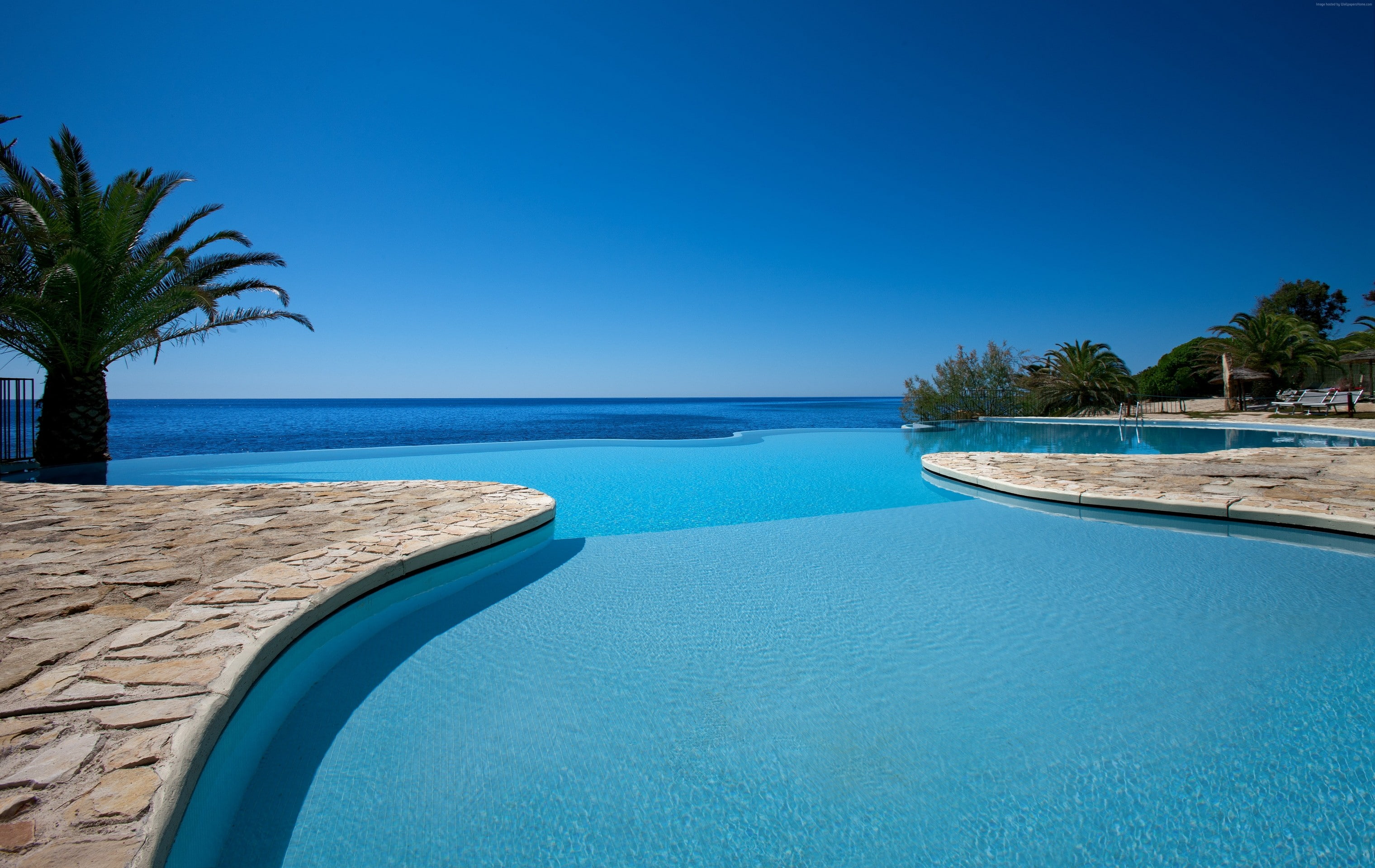 clear sky, day, tranquility, sea, tree, no people, outdoors, horizon over water, tranquil scene, plant, 2K, idyllic, copy space, nature, luxury, turquoise colored, HD Wallpaper