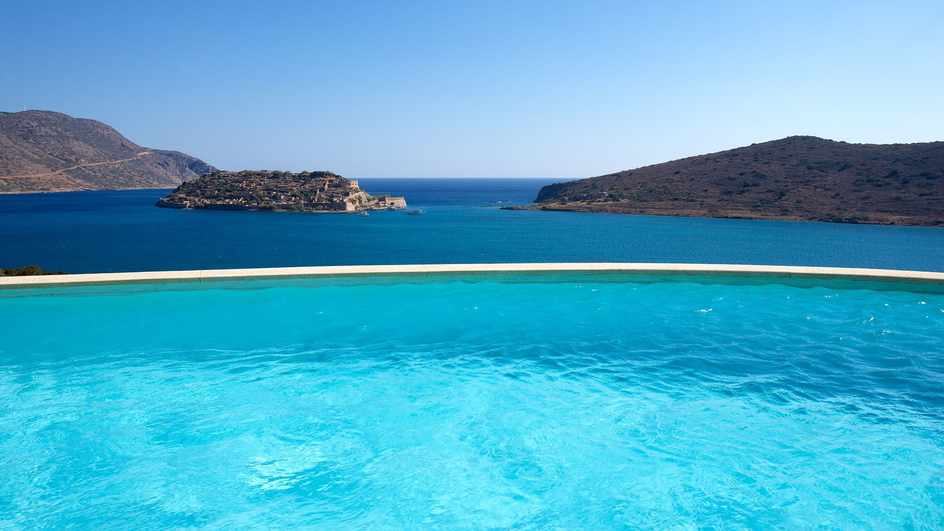 land, no people, travel destinations, mountain, tranquility, tranquil scene, swimming pool, beauty in nature, blue, vacations, clear sky, outdoors, sea, HD Wallpaper