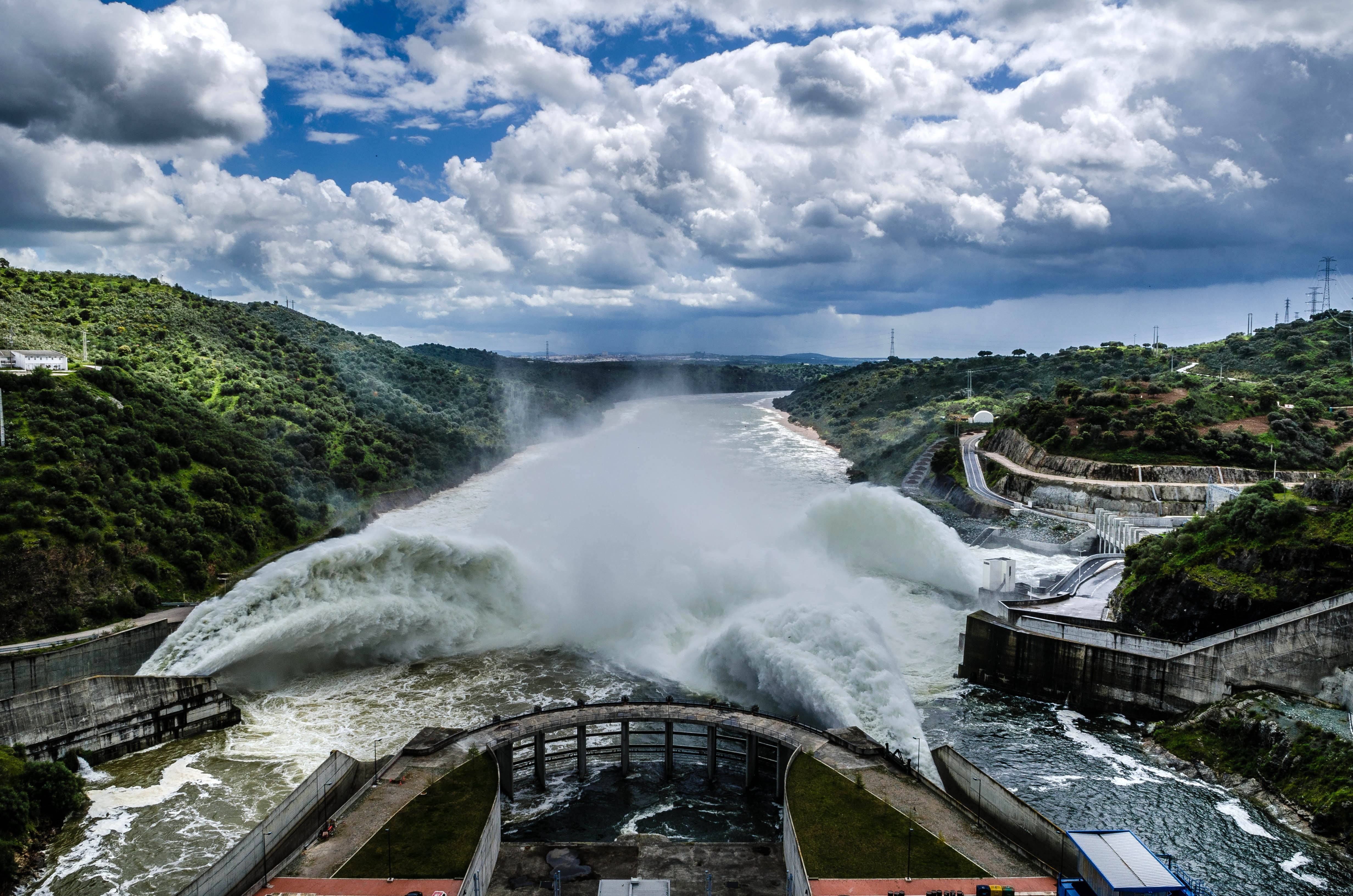 clouds, bridge, sky, trees, nature, scenics - nature, river, travel destinations, flowing water, wall, landscape, flowing, beauty in nature, dam, waves, HD Wallpaper