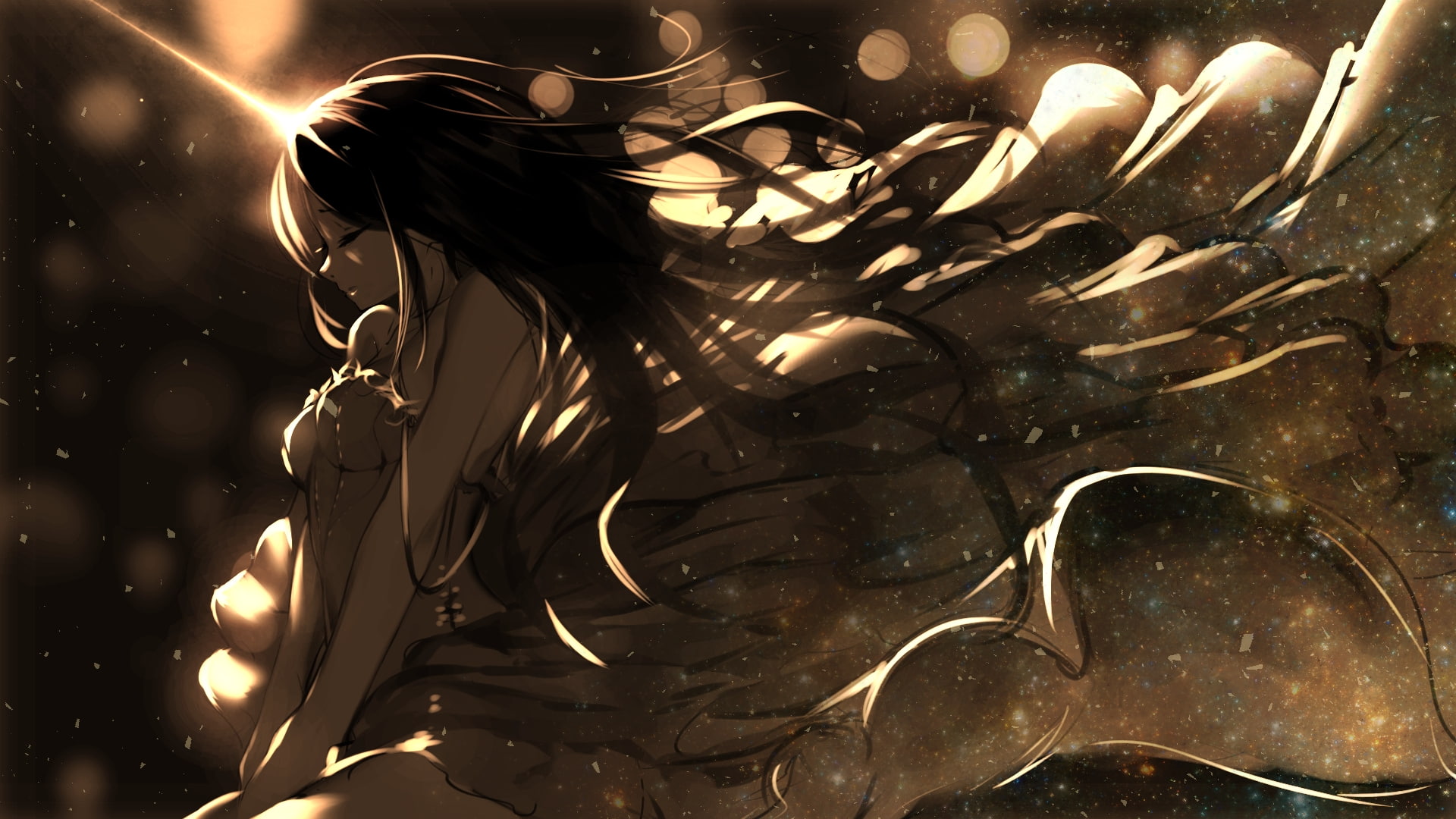 anime girl, lonely, dress, closed eyes, 1080P, profile view, Anime, HD Wallpaper