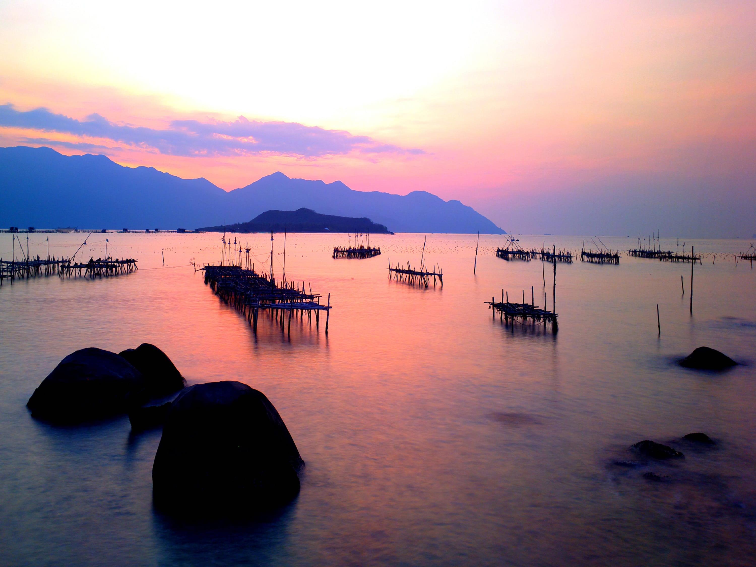 nautical vessel, works, mountain, beauty in nature, sky, build, dusk, mode of transportation, purple, sunset, sea, cloud - sky, water, idyllic, 2K, the river, HD Wallpaper