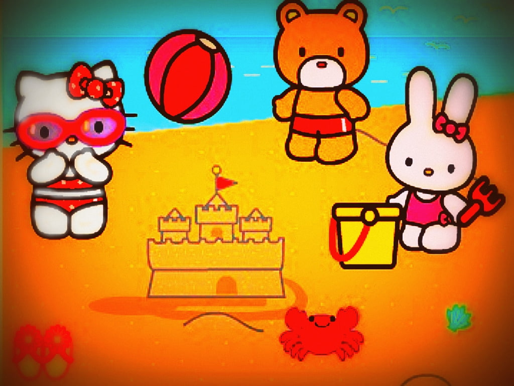 480P, hd, crab, anime, art, beach reichiinya, kitty, reichiinya, hello kitty and friends, mr, hello, beach, Hello Kitty, HD Wallpaper