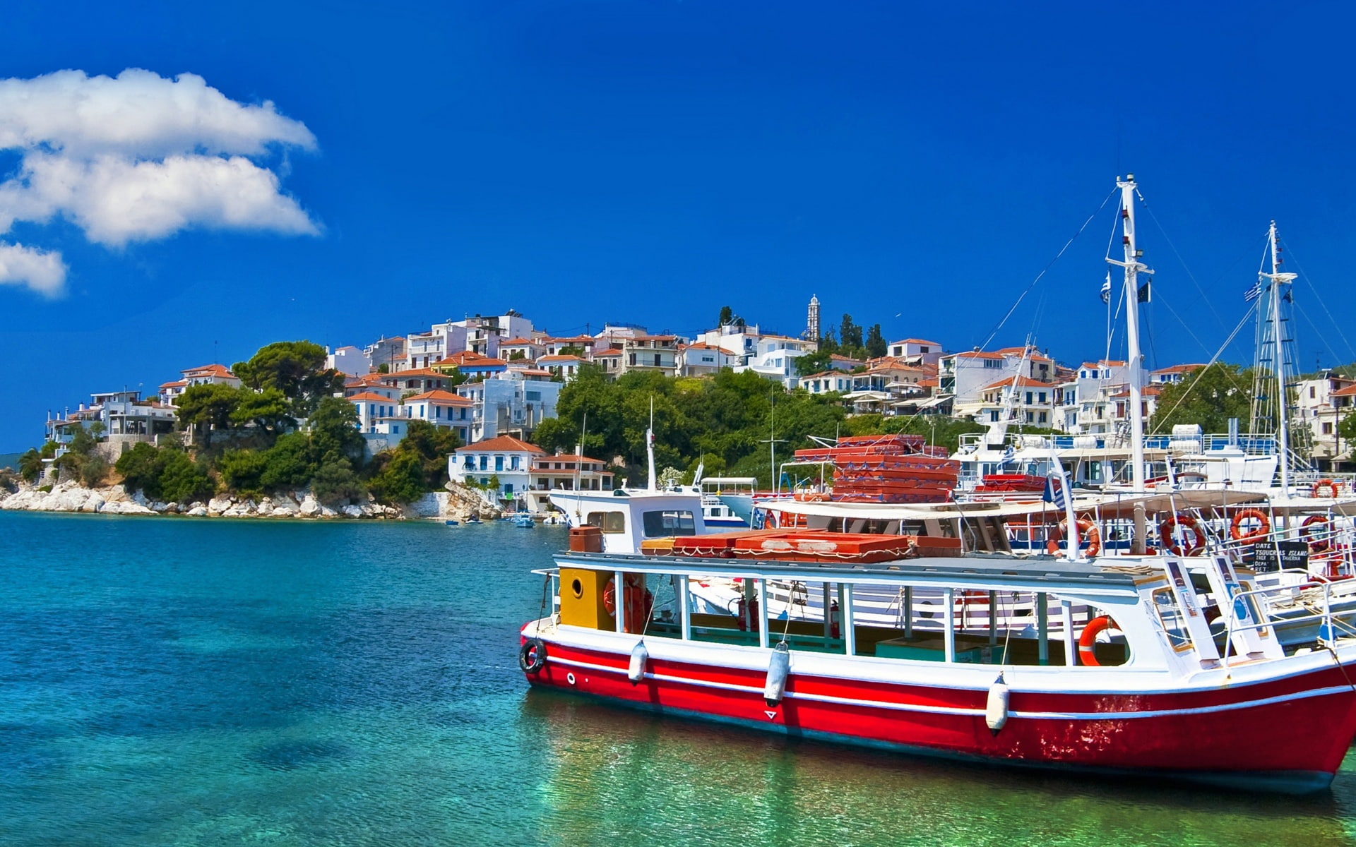 1080P, Greece, Boats, Sky, Clouds, Blue, Houses, Sea, HD Wallpaper