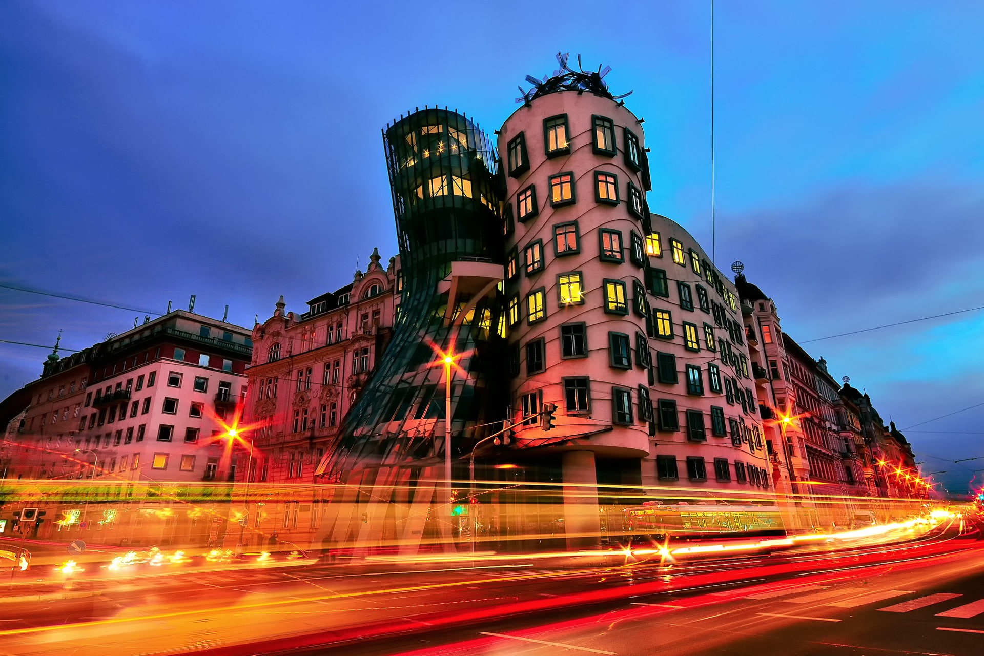 time, republic, city, Czech Republic city of Prague, exposure, lapse, photography, 1080P, the Dancing House, czech, prague, evening, lights, HD Wallpaper