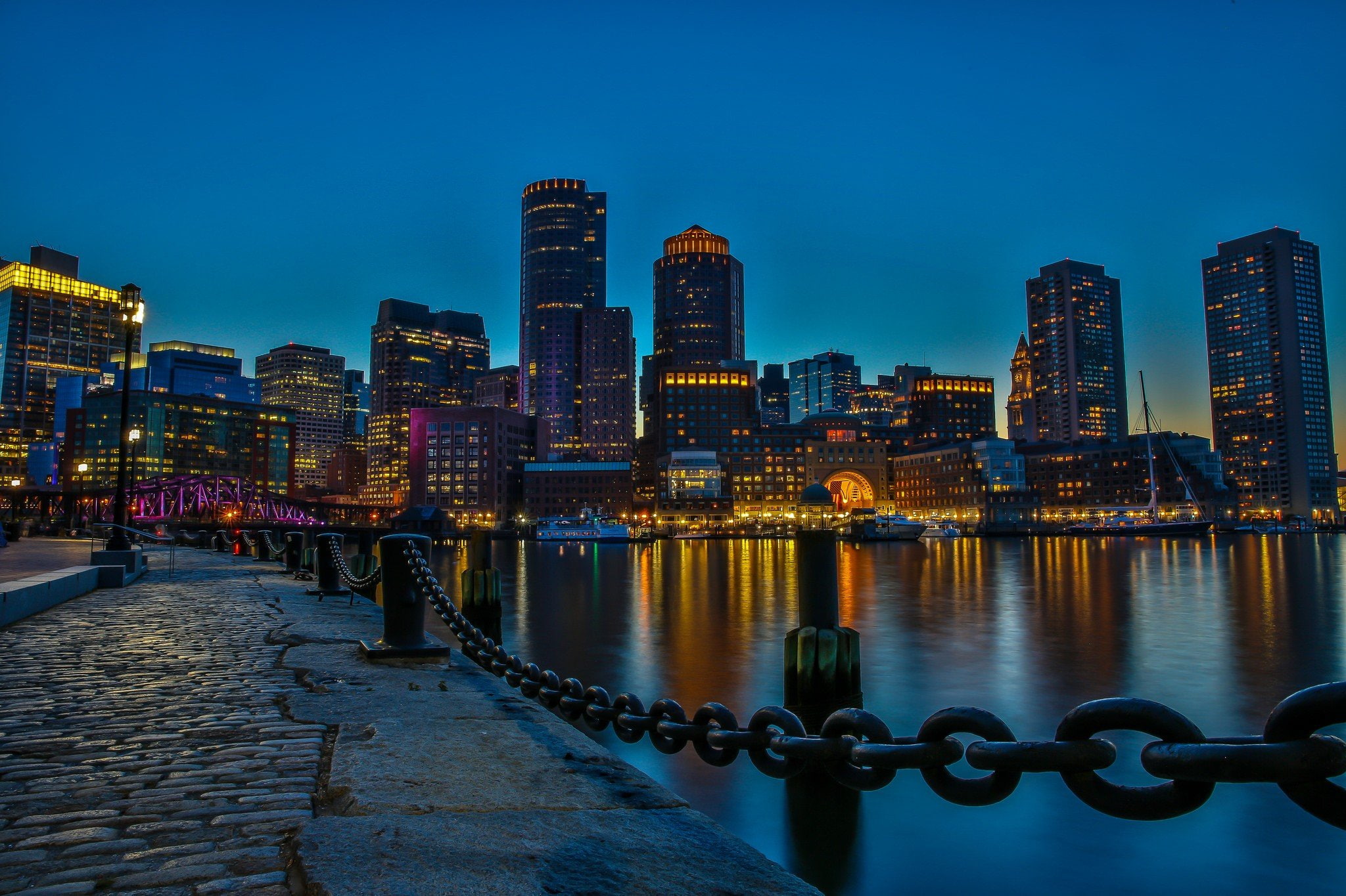 night, chains, reflection, Cityscape, 1080P, Skyscraper, Cobblestone, Waterfront, Boston, Dock, city, HD Wallpaper