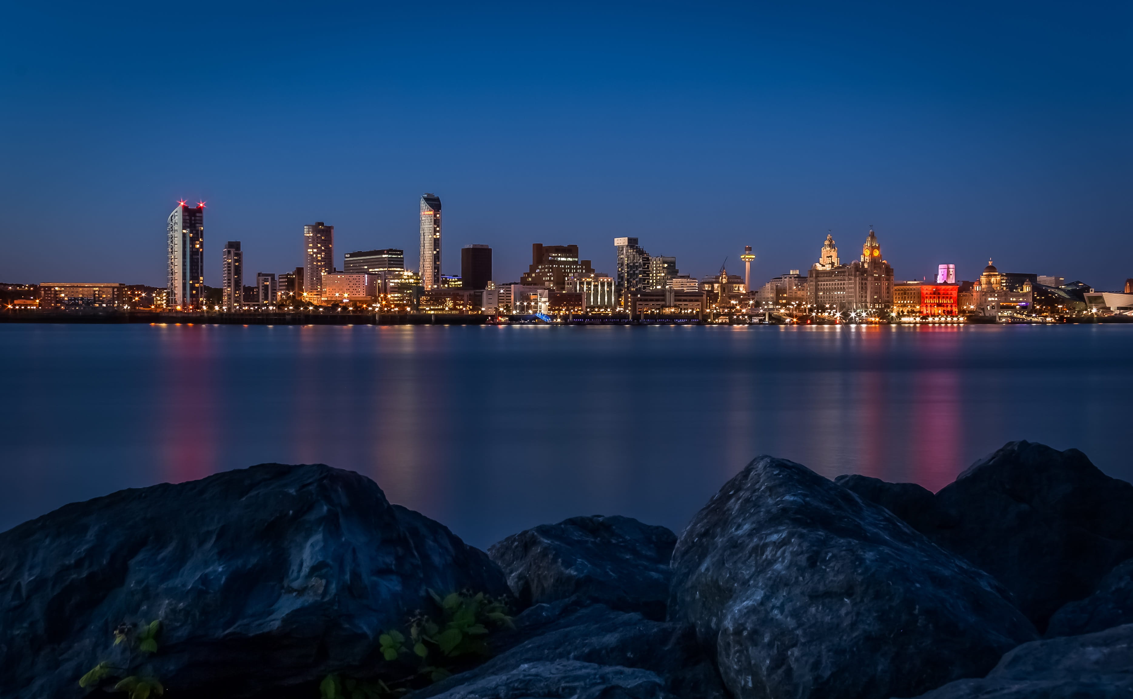 water, landscape, skyscraper, outdoors, building, daytime, City, night, built structure, lighted, sky, buildings, cityscape, no people, modern, mirror, HD Wallpaper