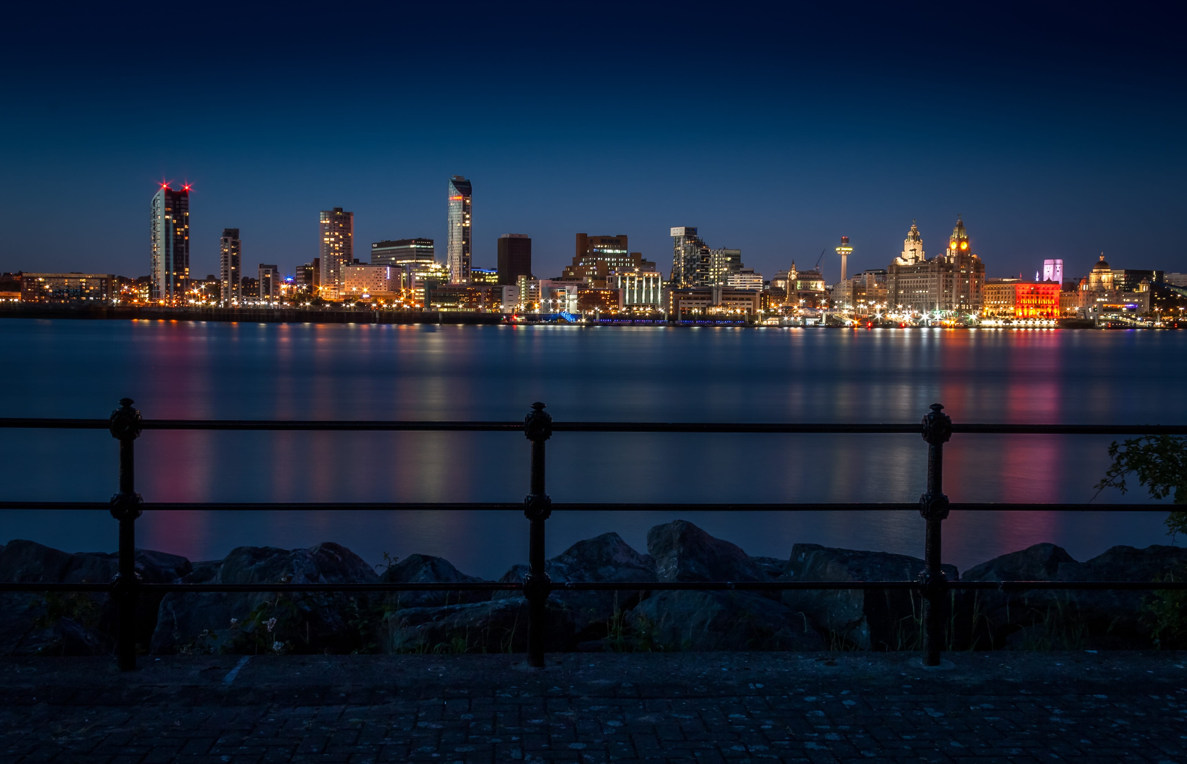 Liverpool, city life, office building exterior, skyscraper, outdoors, landmark, no people, dusk, urban Skyline, birkenhead, reflection, urban, built Structure, HD Wallpaper