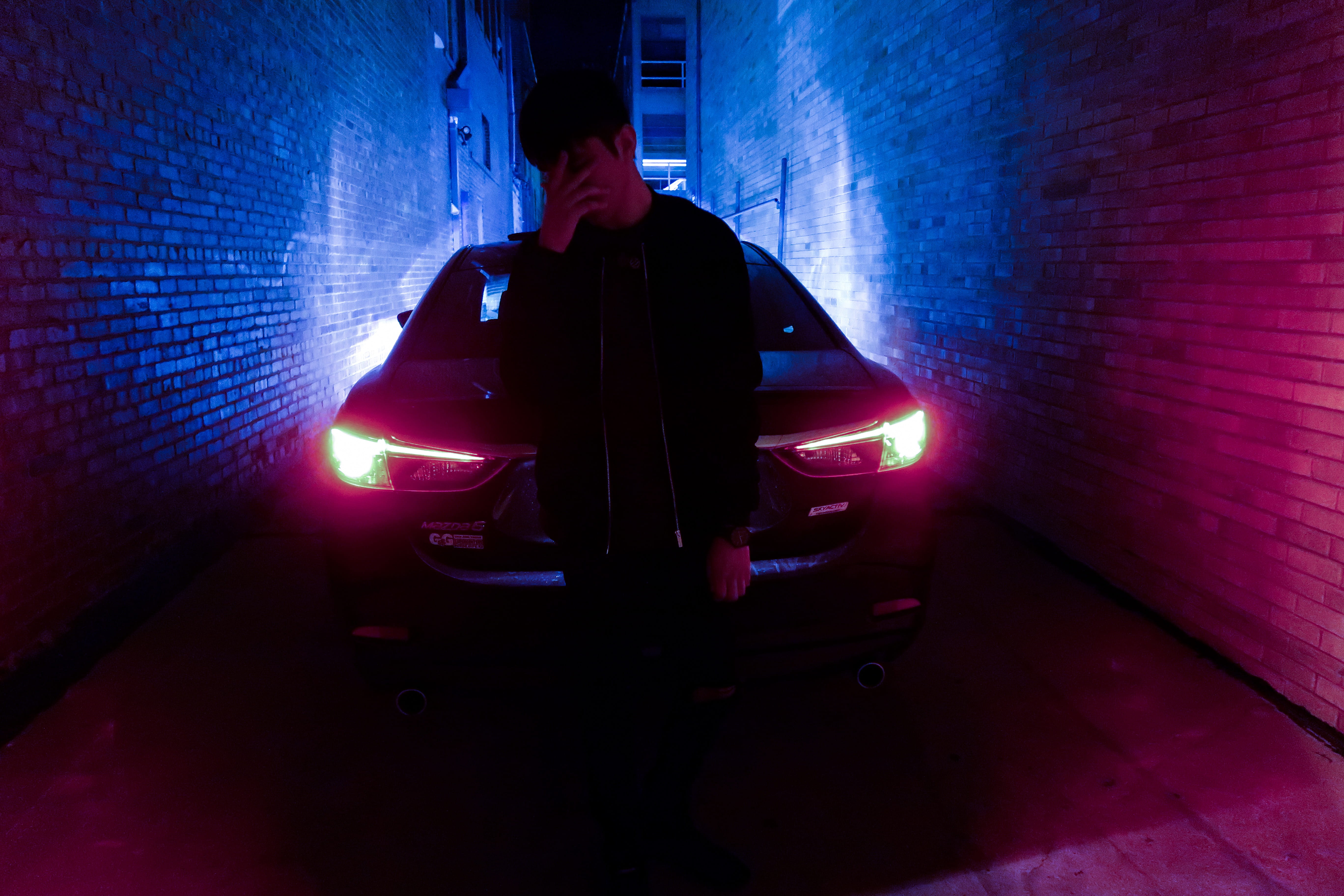 adult, glow, instagram, one person, standing, blue, nightlife, car, city, wall - building feature, mode of transportation, light - natural phenomenon, front view, HD Wallpaper